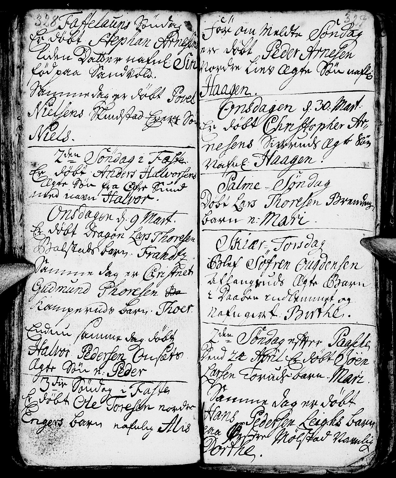 Nes prestekontor, Hedmark, AV/SAH-PREST-020/L/La/L0001: Parish register (copy) no. 1, 1663-1784, p. 328-329