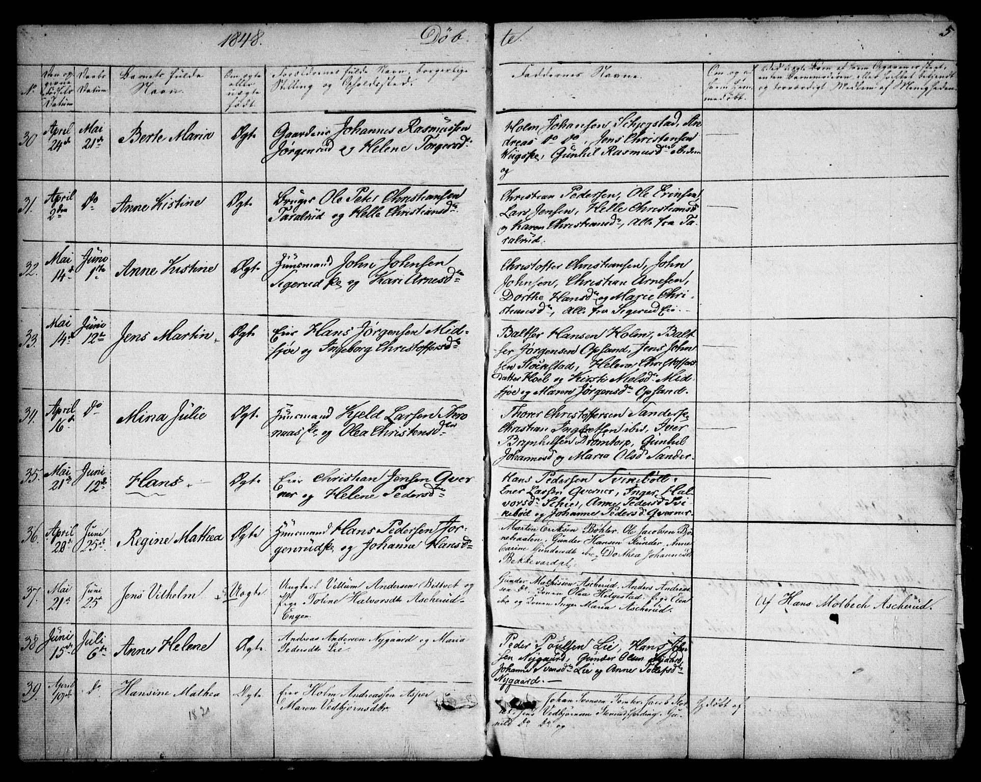Kråkstad prestekontor Kirkebøker, SAO/A-10125a/F/Fa/L0006: Parish register (official) no. I 6, 1848-1857, p. 5