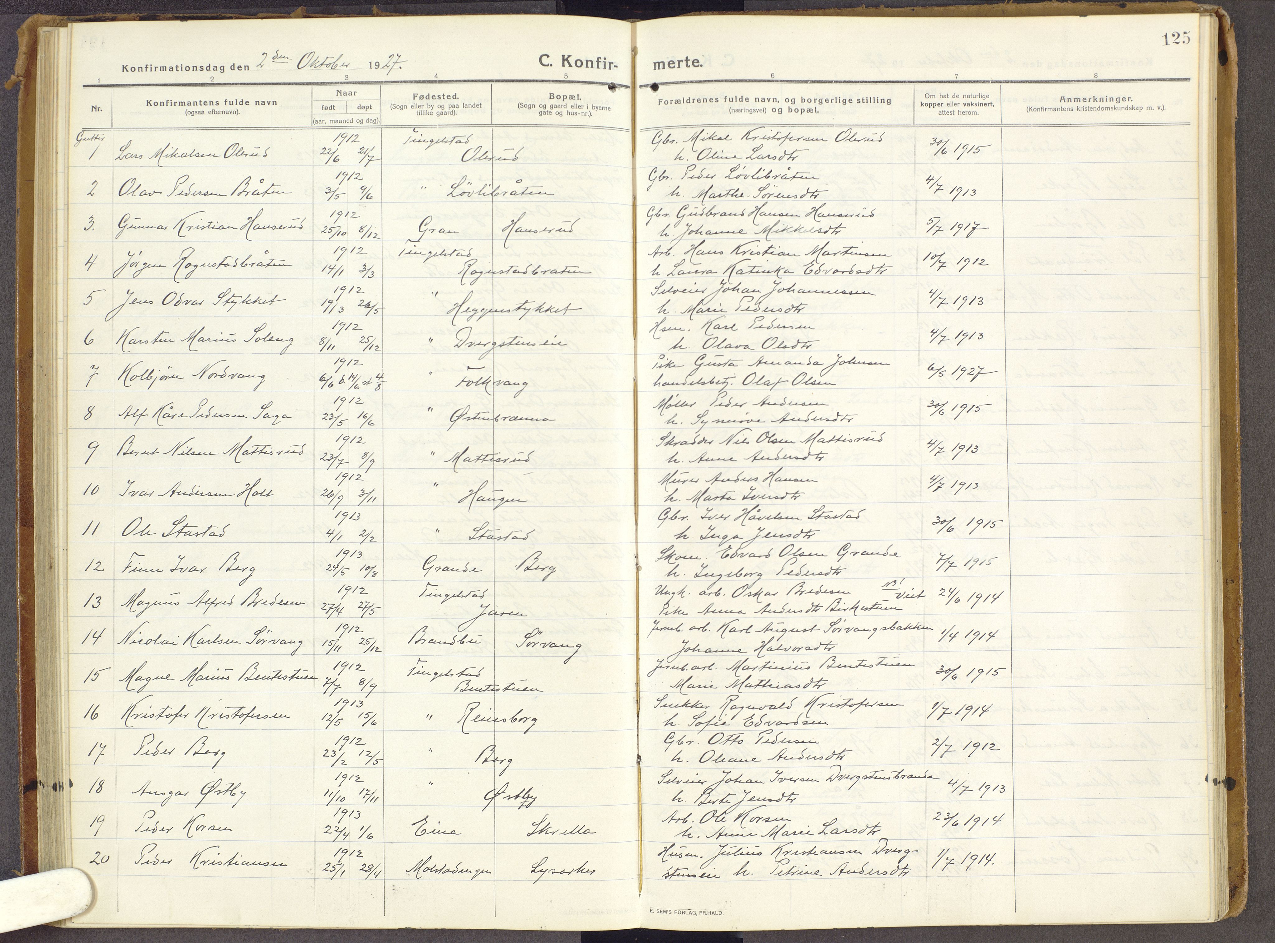 Brandbu prestekontor, SAH/PREST-114/H/Ha/Haa/L0003: Parish register (official) no. 3, 1914-1928, p. 125