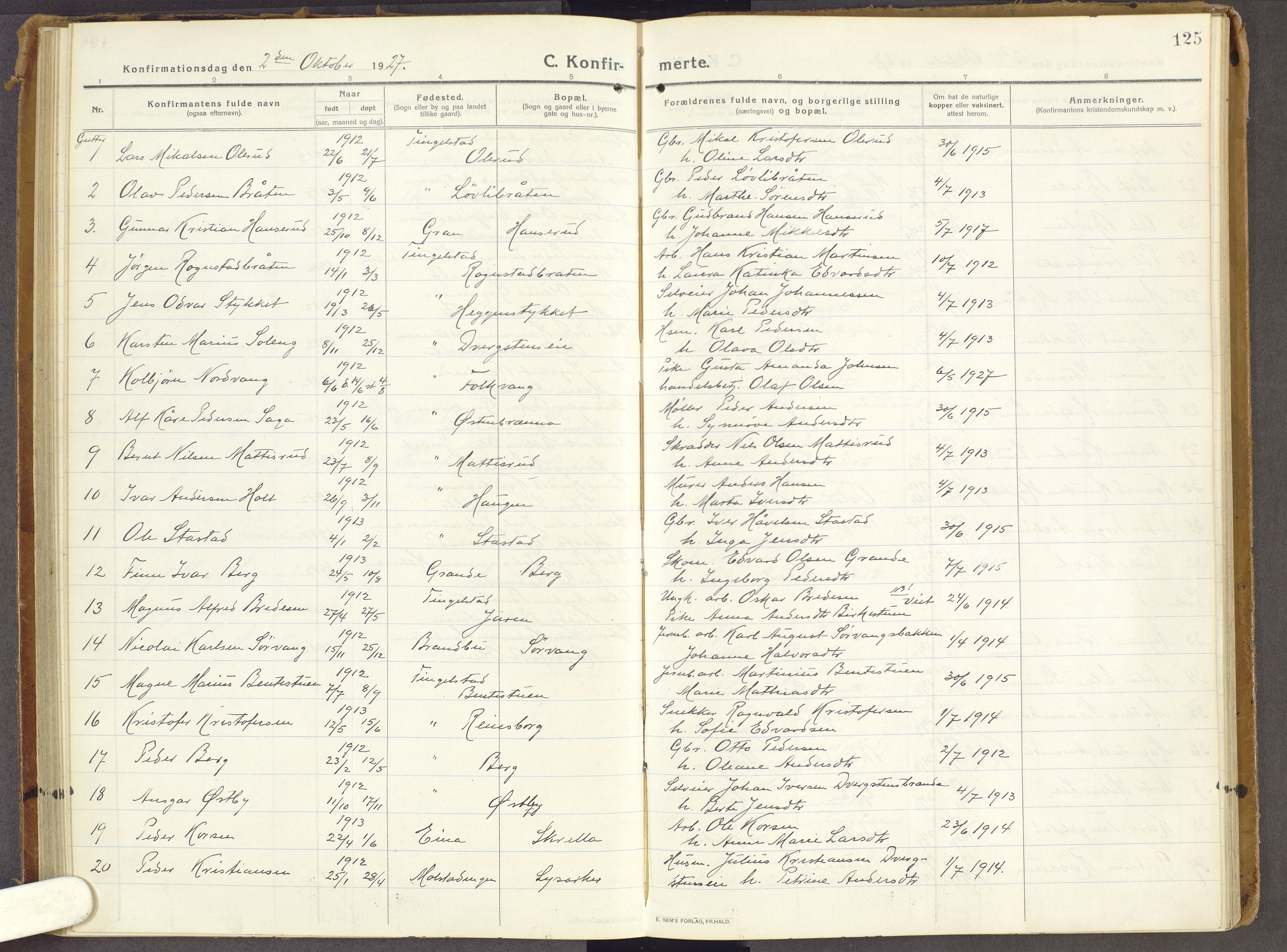 Brandbu prestekontor, AV/SAH-PREST-114/H/Ha/Haa/L0003: Parish register (official) no. 3, 1914-1928, p. 125