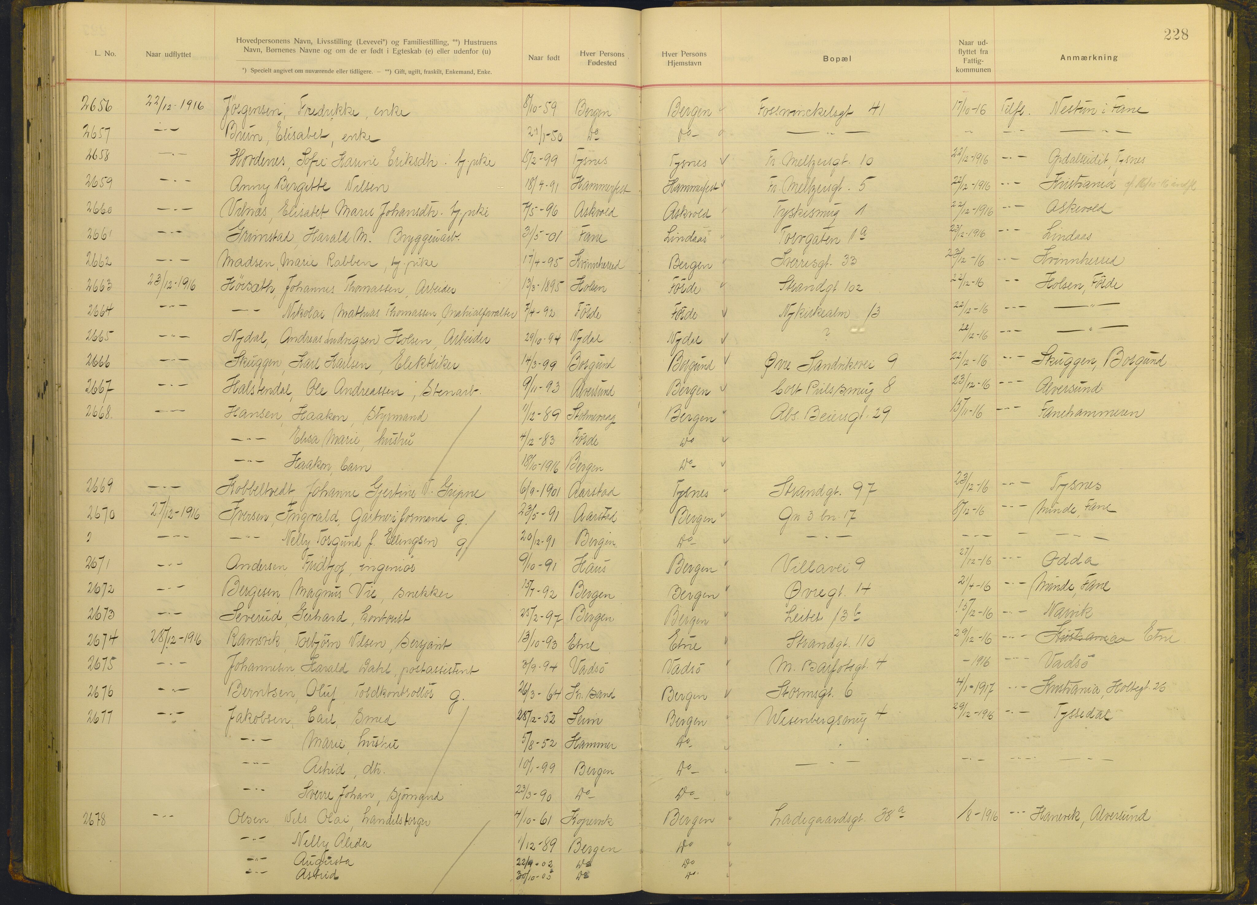 Bergen politikammer / politidistrikt, AV/SAB-A-60401/J.g/L0010: Protokoll over utflyttede, 1914-1917, p. 228