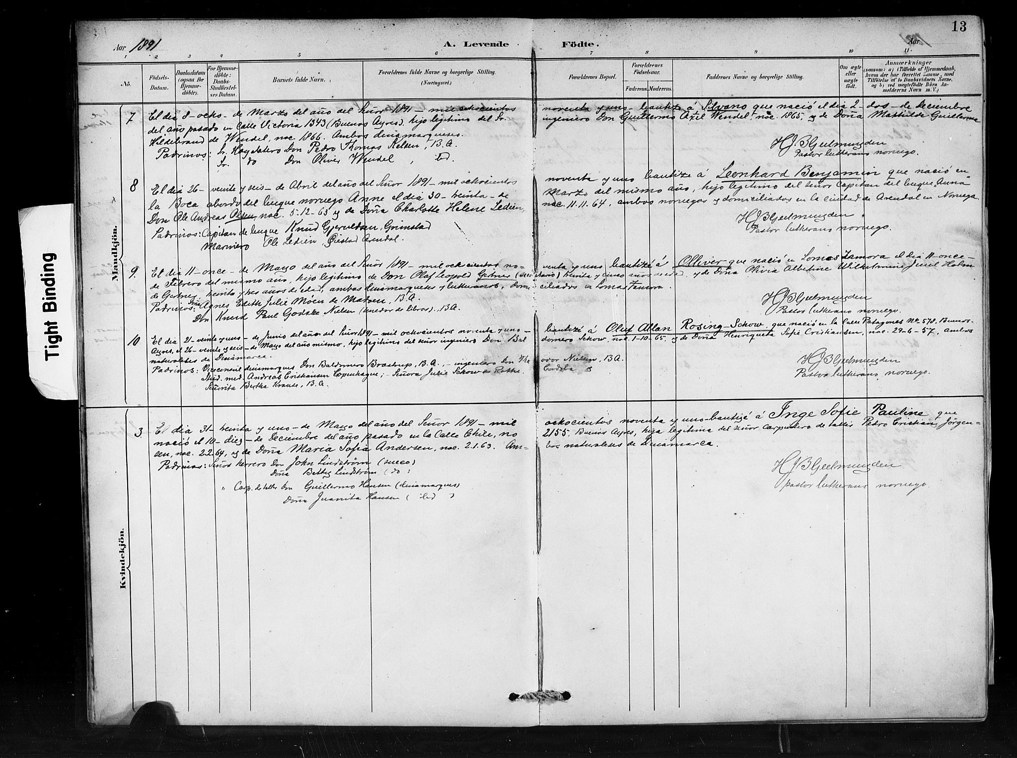 Den norske sjømannsmisjon i utlandet/Syd-Amerika (Buenos Aires m.fl.), AV/SAB-SAB/PA-0118/H/Ha/L0001: Parish register (official) no. A 1, 1888-1898, p. 13