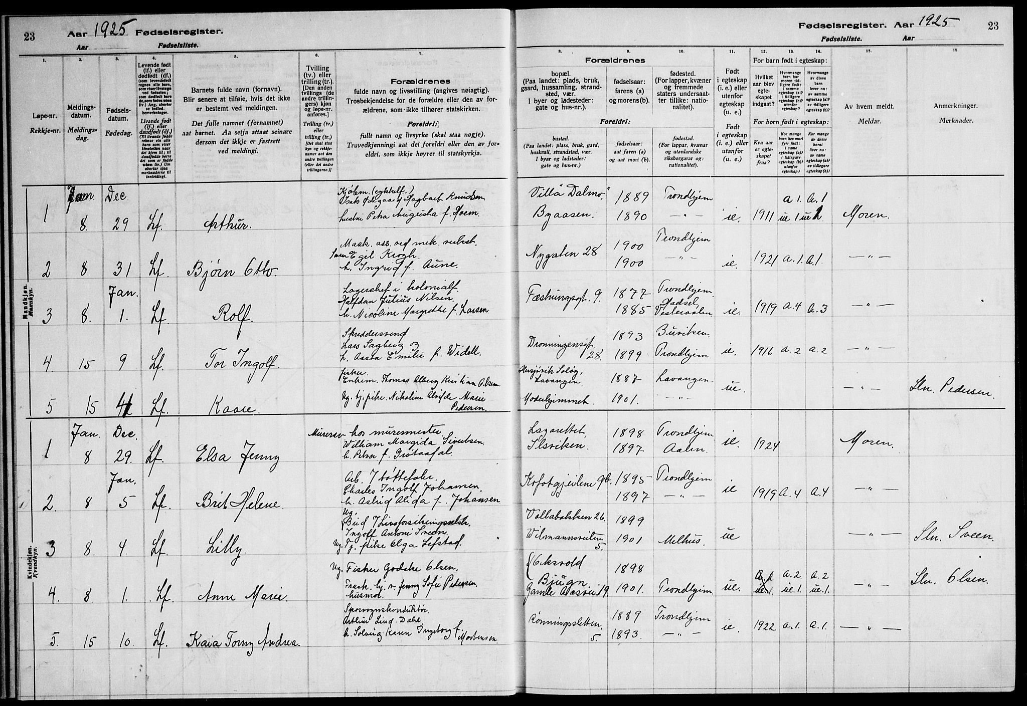 Ministerialprotokoller, klokkerbøker og fødselsregistre - Sør-Trøndelag, AV/SAT-A-1456/600/L0004: Birth register no. 600.II.4.3, 1924-1928, p. 23