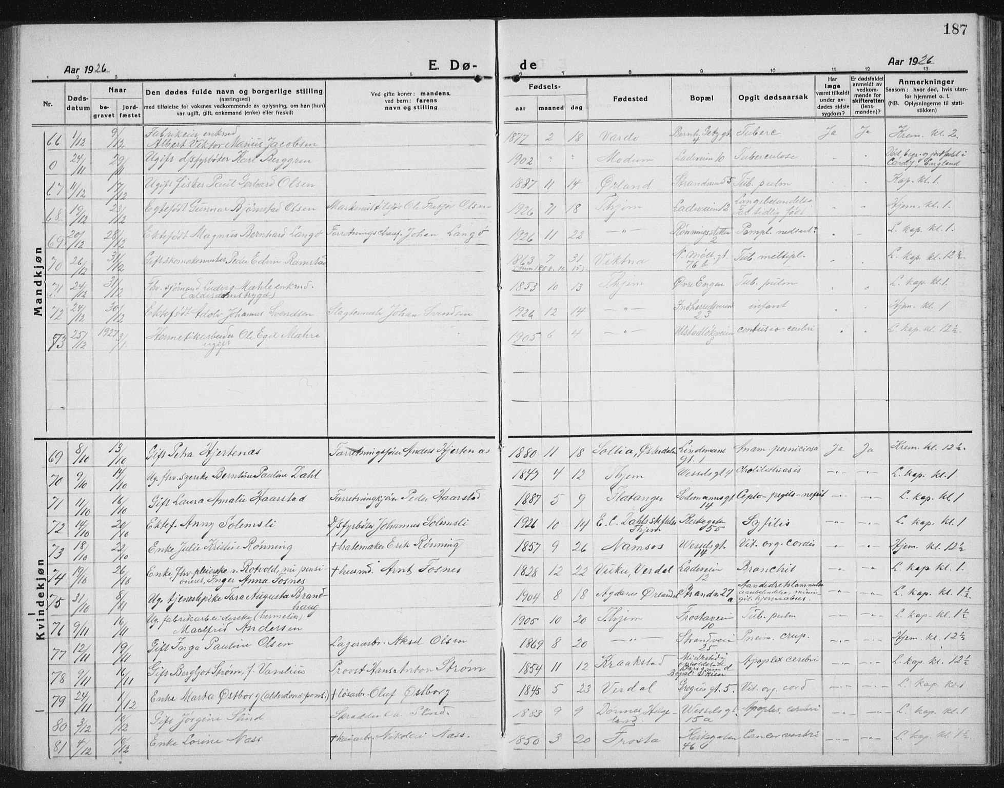 Ministerialprotokoller, klokkerbøker og fødselsregistre - Sør-Trøndelag, AV/SAT-A-1456/605/L0260: Parish register (copy) no. 605C07, 1922-1942, p. 187