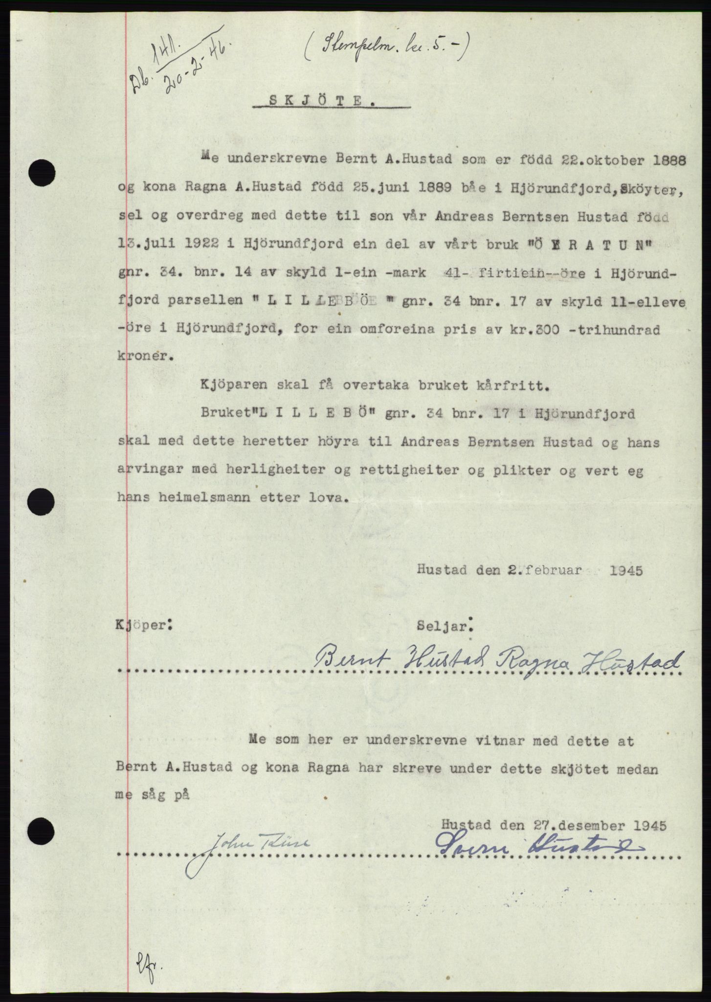 Søre Sunnmøre sorenskriveri, AV/SAT-A-4122/1/2/2C/L0078: Mortgage book no. 4A, 1946-1946, Diary no: : 141/1946