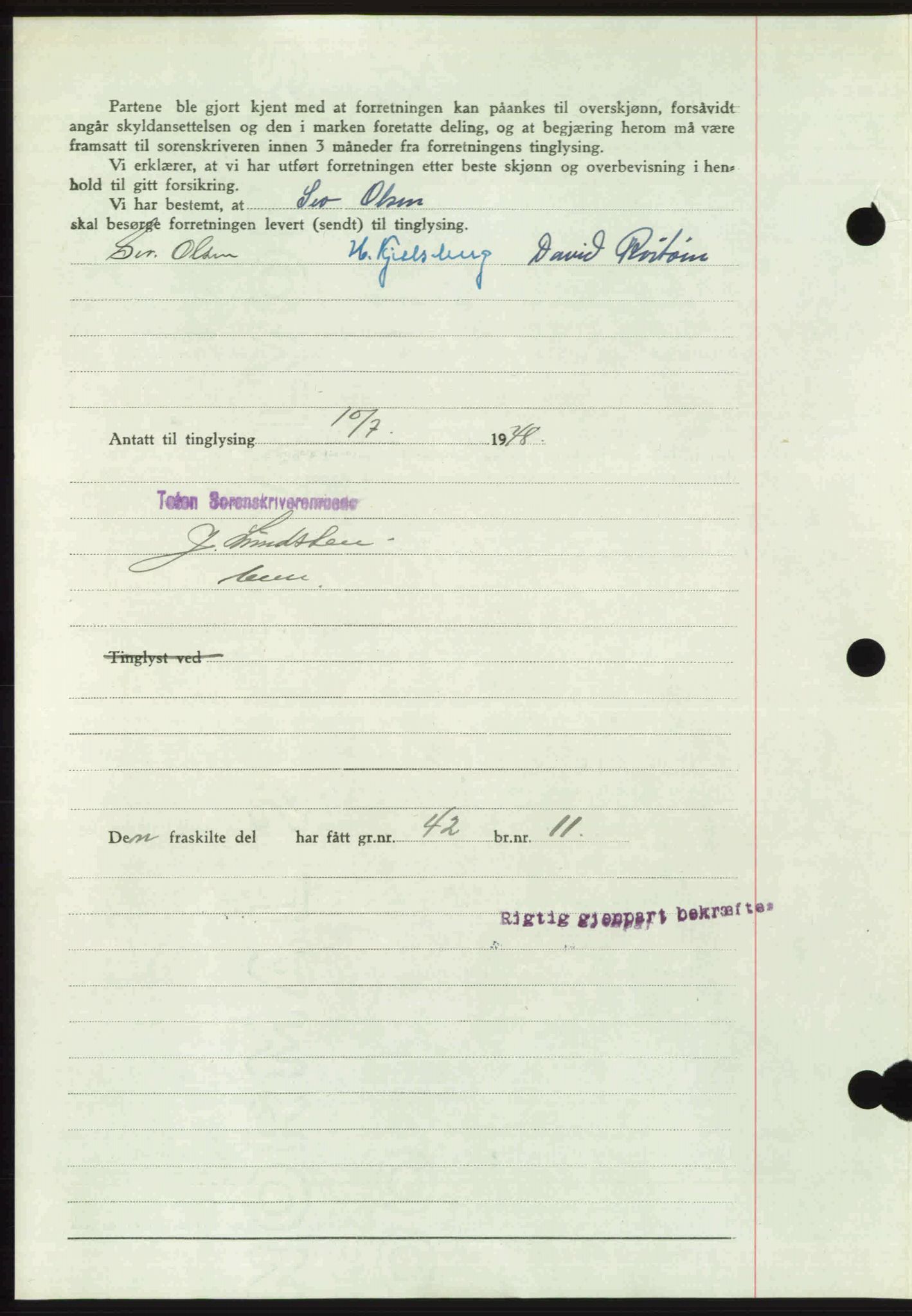 Toten tingrett, SAH/TING-006/H/Hb/Hbc/L0020: Mortgage book no. Hbc-20, 1948-1948, Diary no: : 2191/1948
