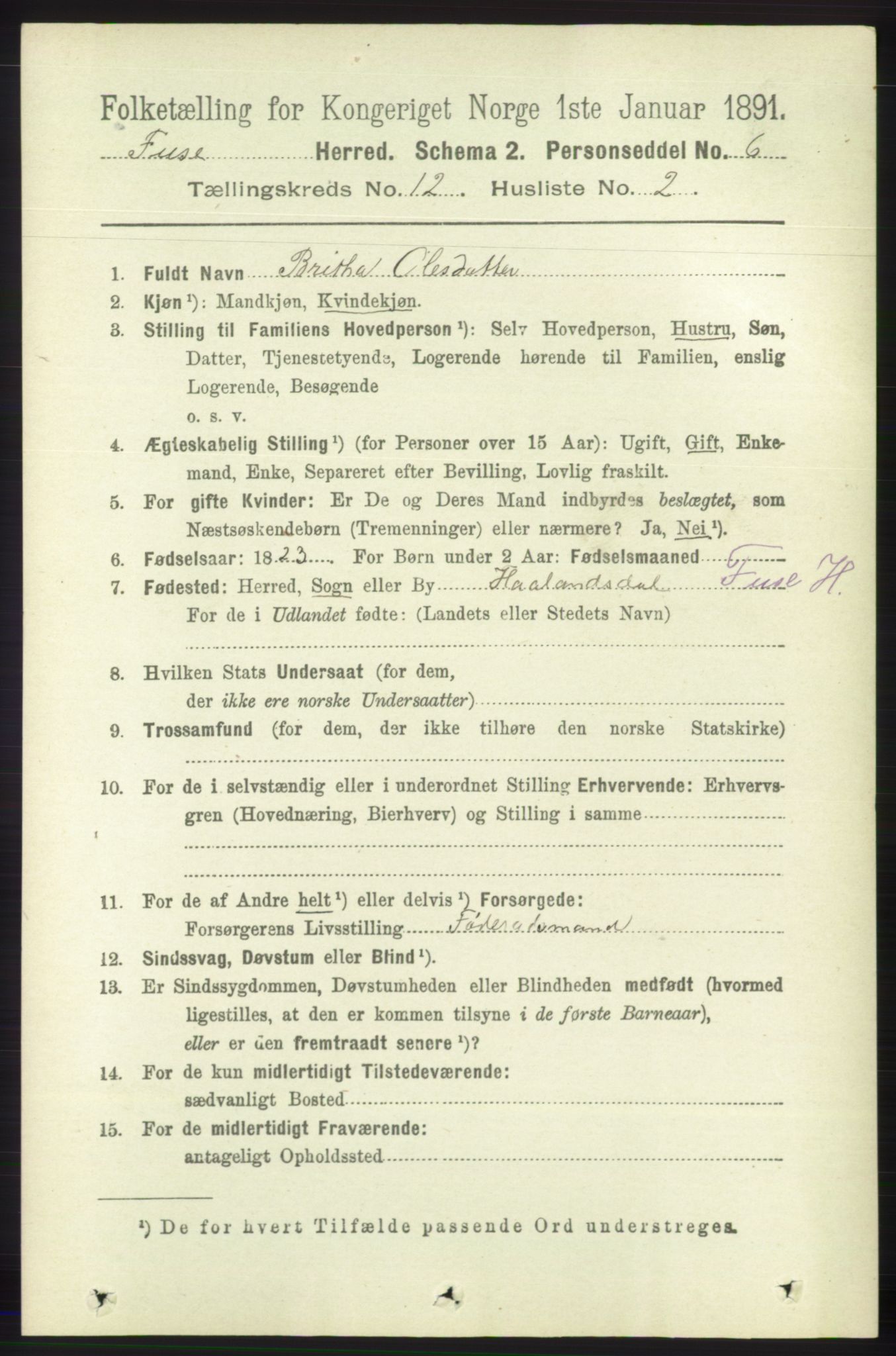 RA, 1891 census for 1241 Fusa, 1891, p. 2382