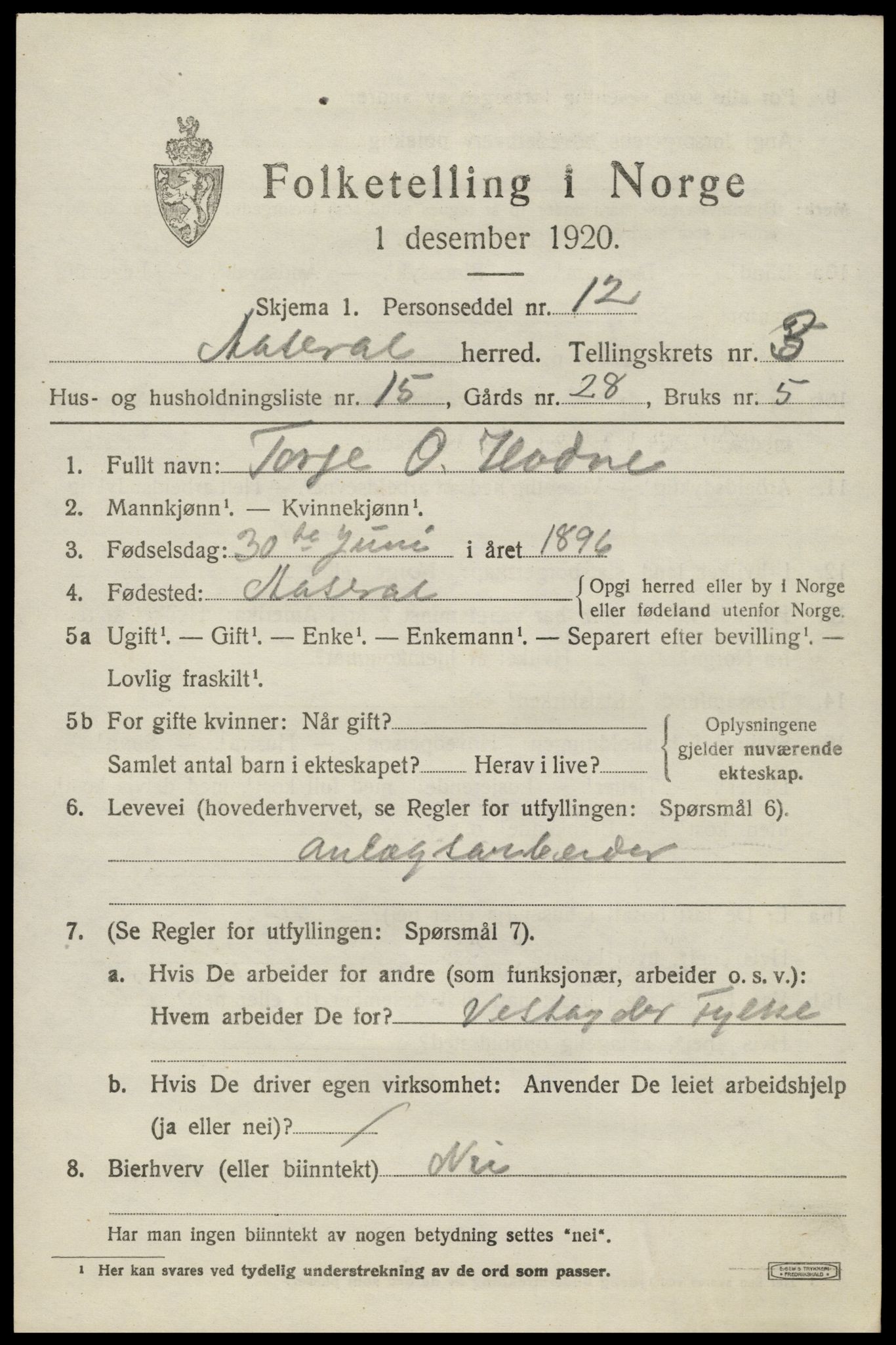 SAK, 1920 census for Åseral, 1920, p. 1138