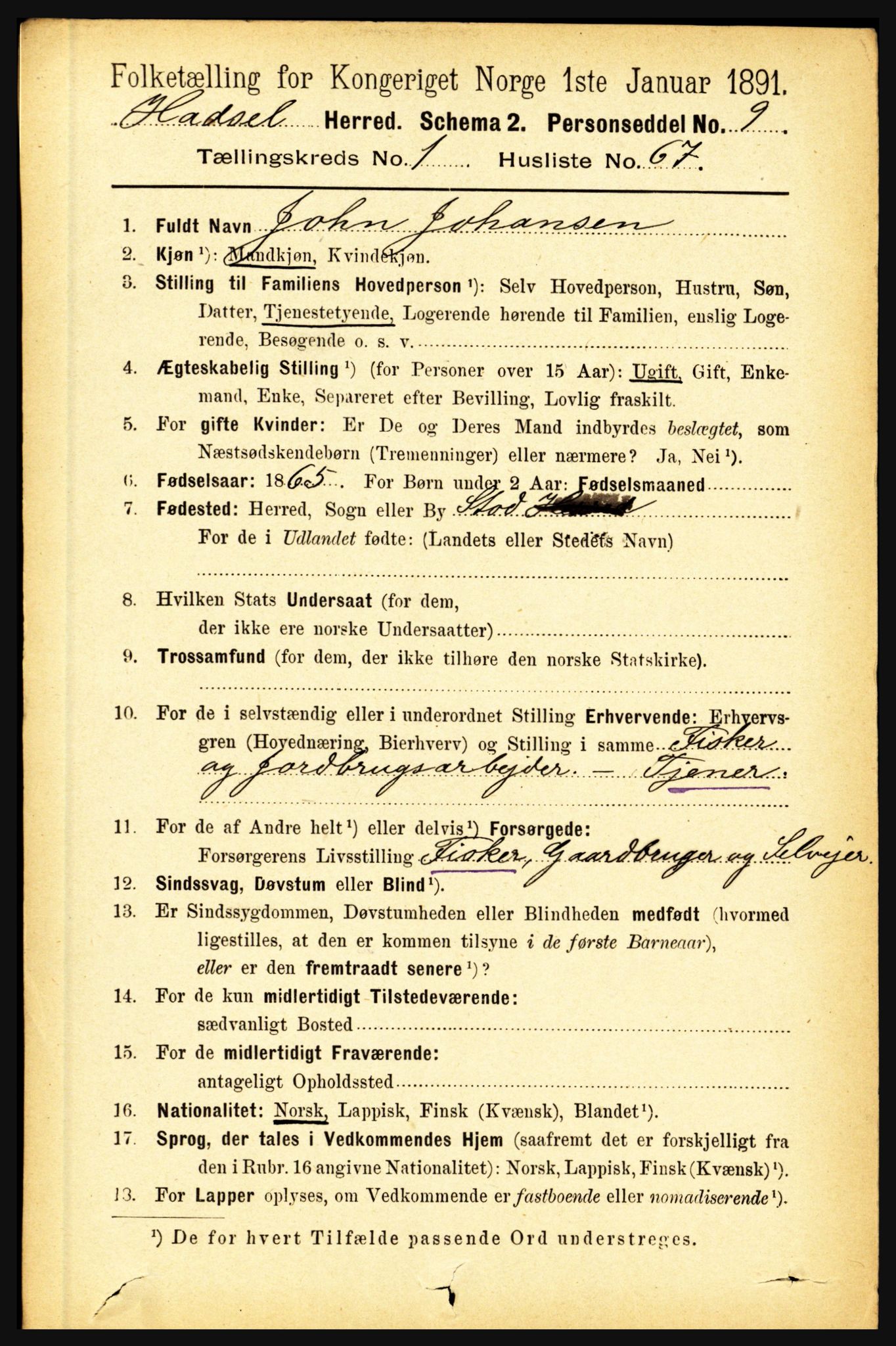 RA, 1891 census for 1866 Hadsel, 1891, p. 589