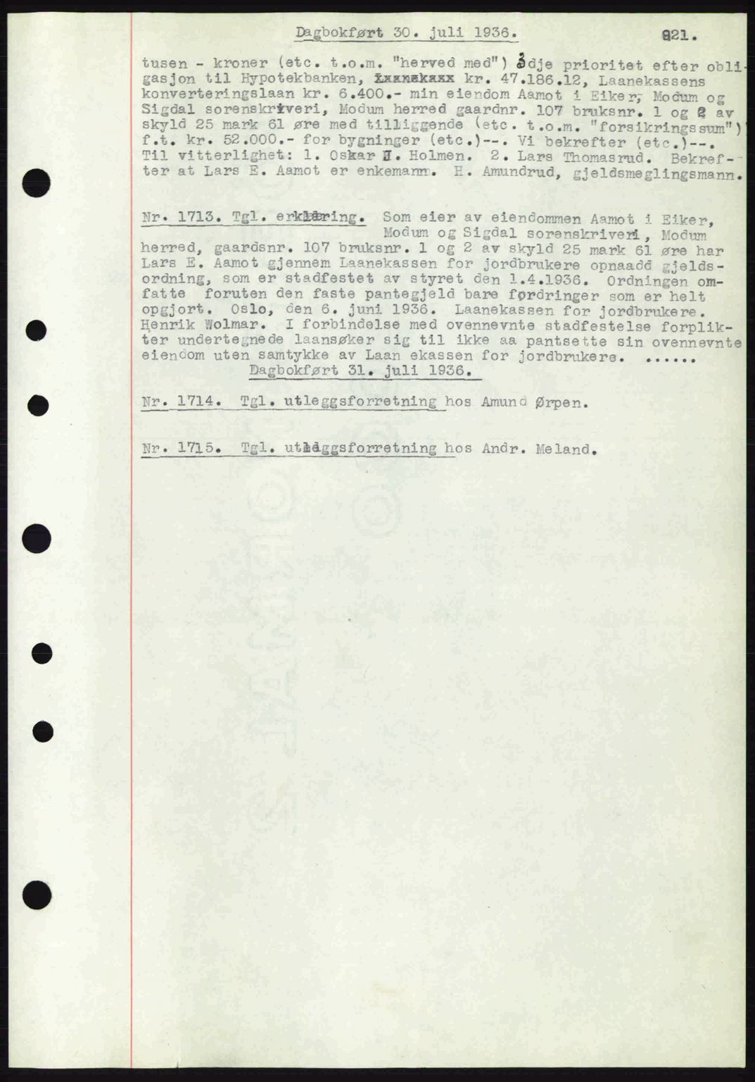 Eiker, Modum og Sigdal sorenskriveri, SAKO/A-123/G/Ga/Gab/L0032: Mortgage book no. A2, 1936-1936, Diary no: : 1713/1936