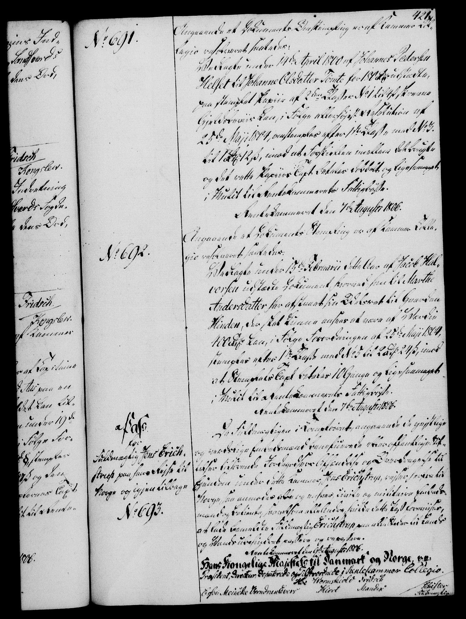 Rentekammeret, Kammerkanselliet, AV/RA-EA-3111/G/Gg/Gga/L0018: Norsk ekspedisjonsprotokoll med register (merket RK 53.18), 1804-1806, p. 421