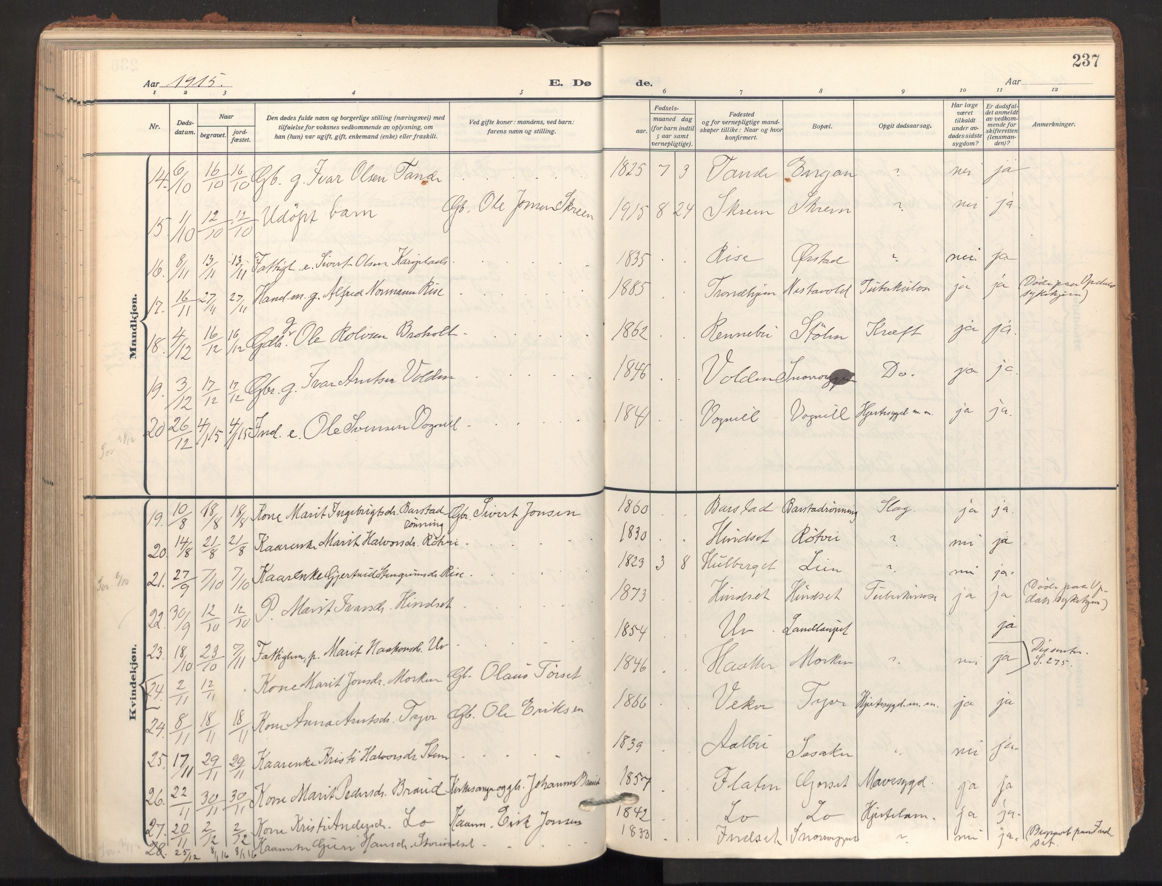 Ministerialprotokoller, klokkerbøker og fødselsregistre - Sør-Trøndelag, AV/SAT-A-1456/678/L0909: Parish register (official) no. 678A17, 1912-1930, p. 237