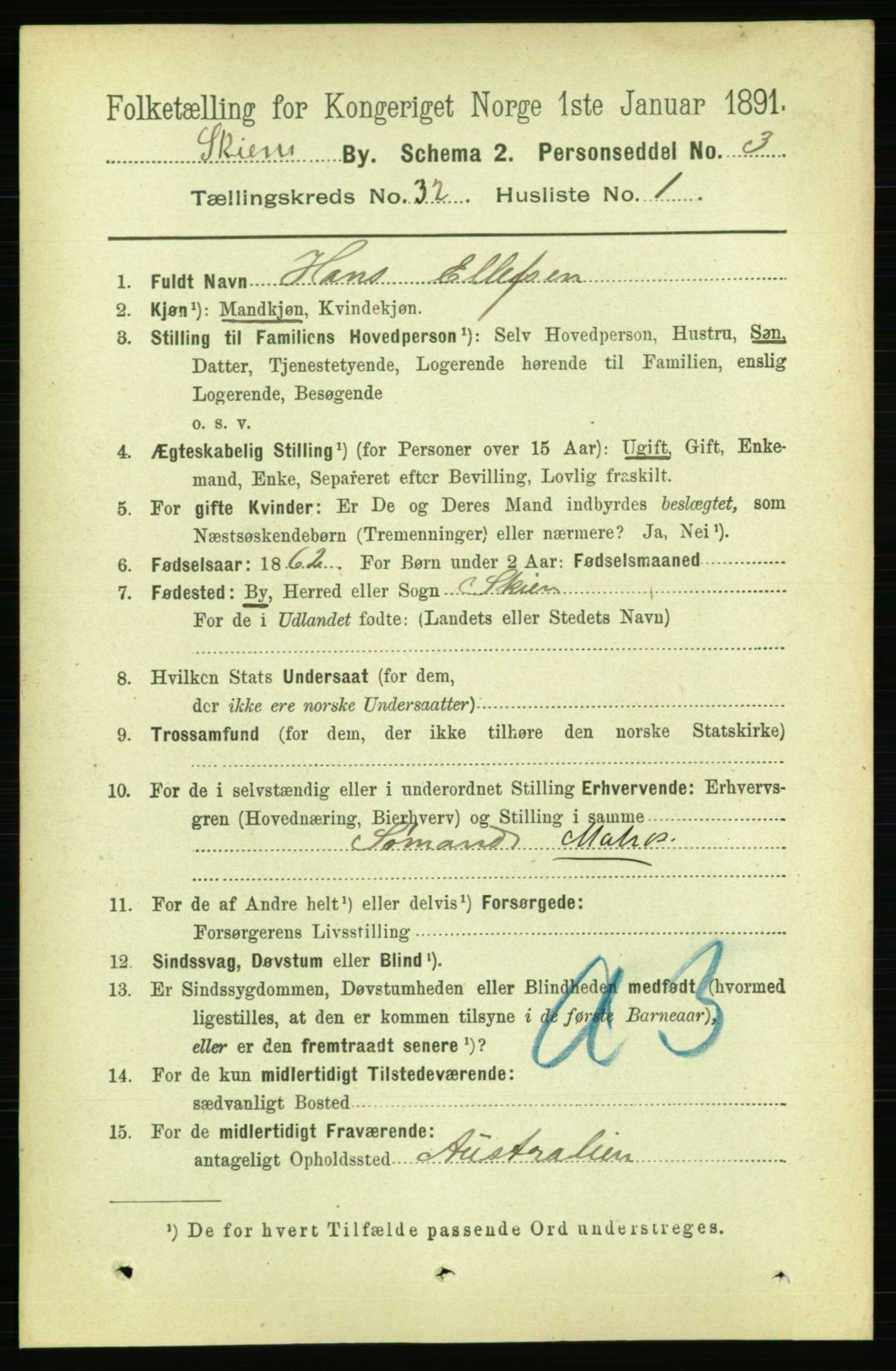 RA, 1891 census for 0806 Skien, 1891, p. 7210