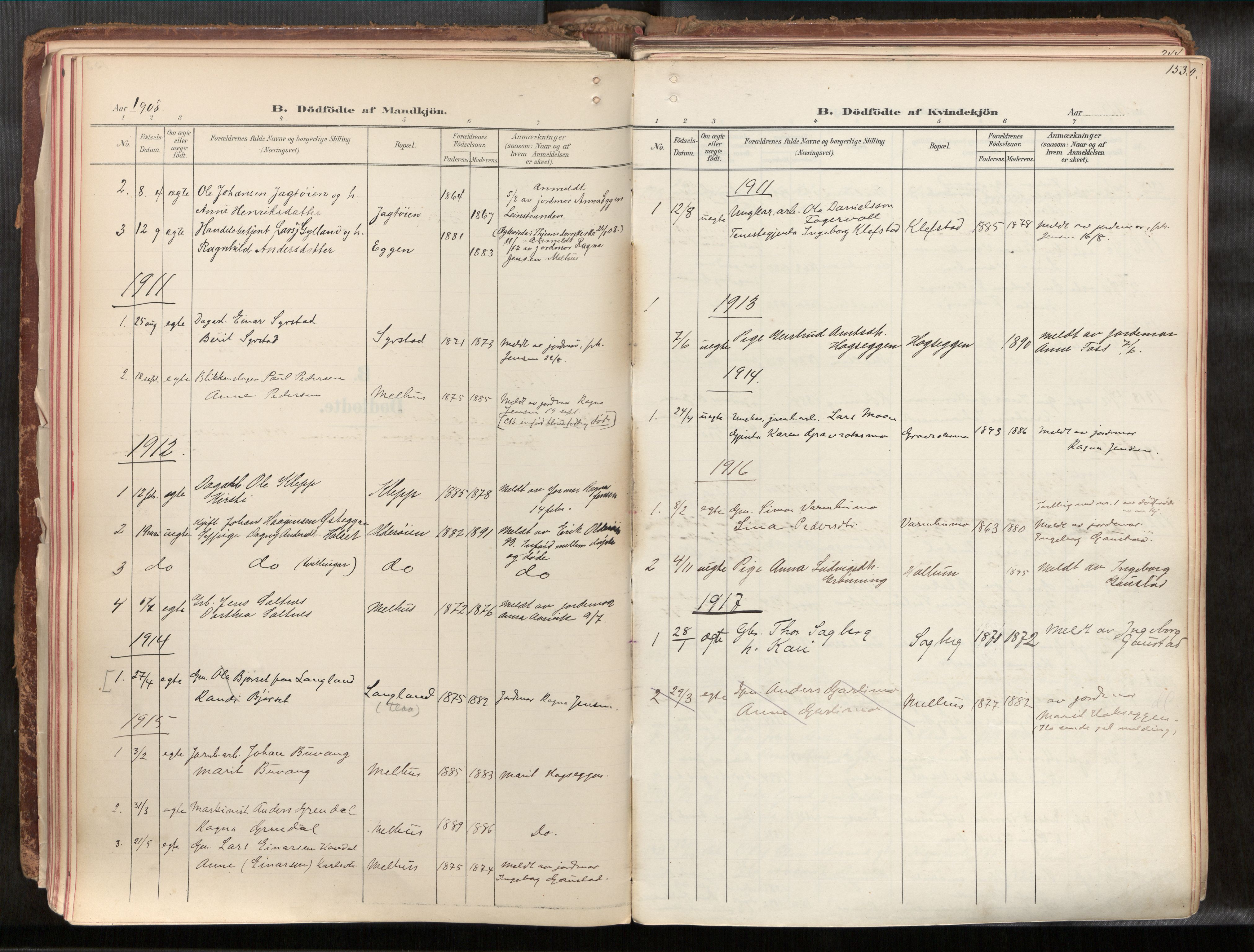Ministerialprotokoller, klokkerbøker og fødselsregistre - Sør-Trøndelag, SAT/A-1456/691/L1085b: Parish register (official) no. 691A18, 1908-1930, p. 153