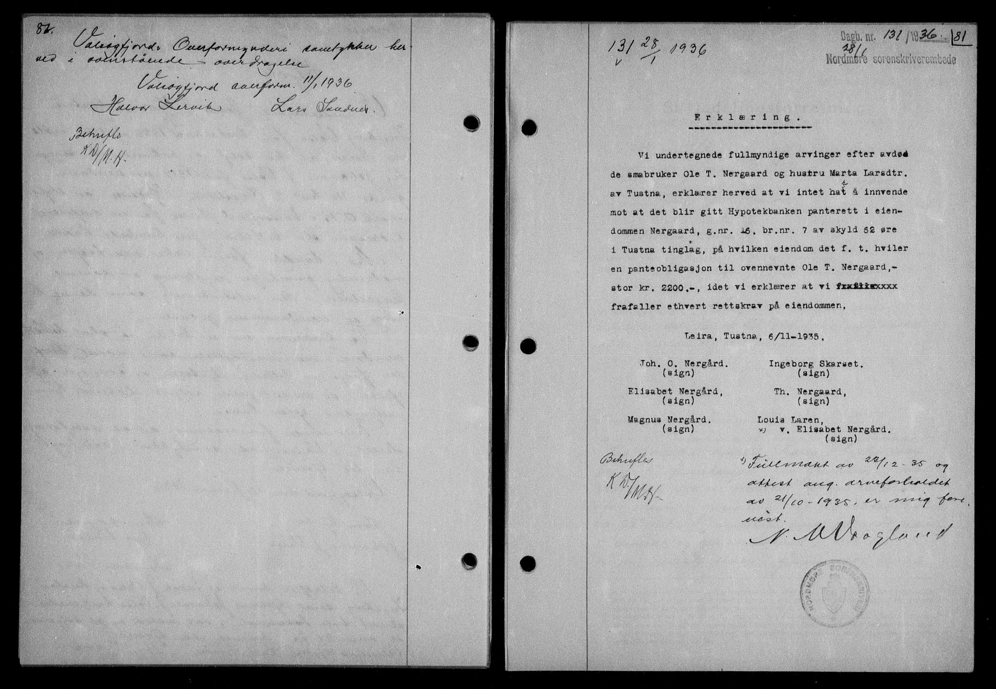 Nordmøre sorenskriveri, AV/SAT-A-4132/1/2/2Ca/L0087: Mortgage book no. 77, 1935-1936, Deed date: 28.01.1936