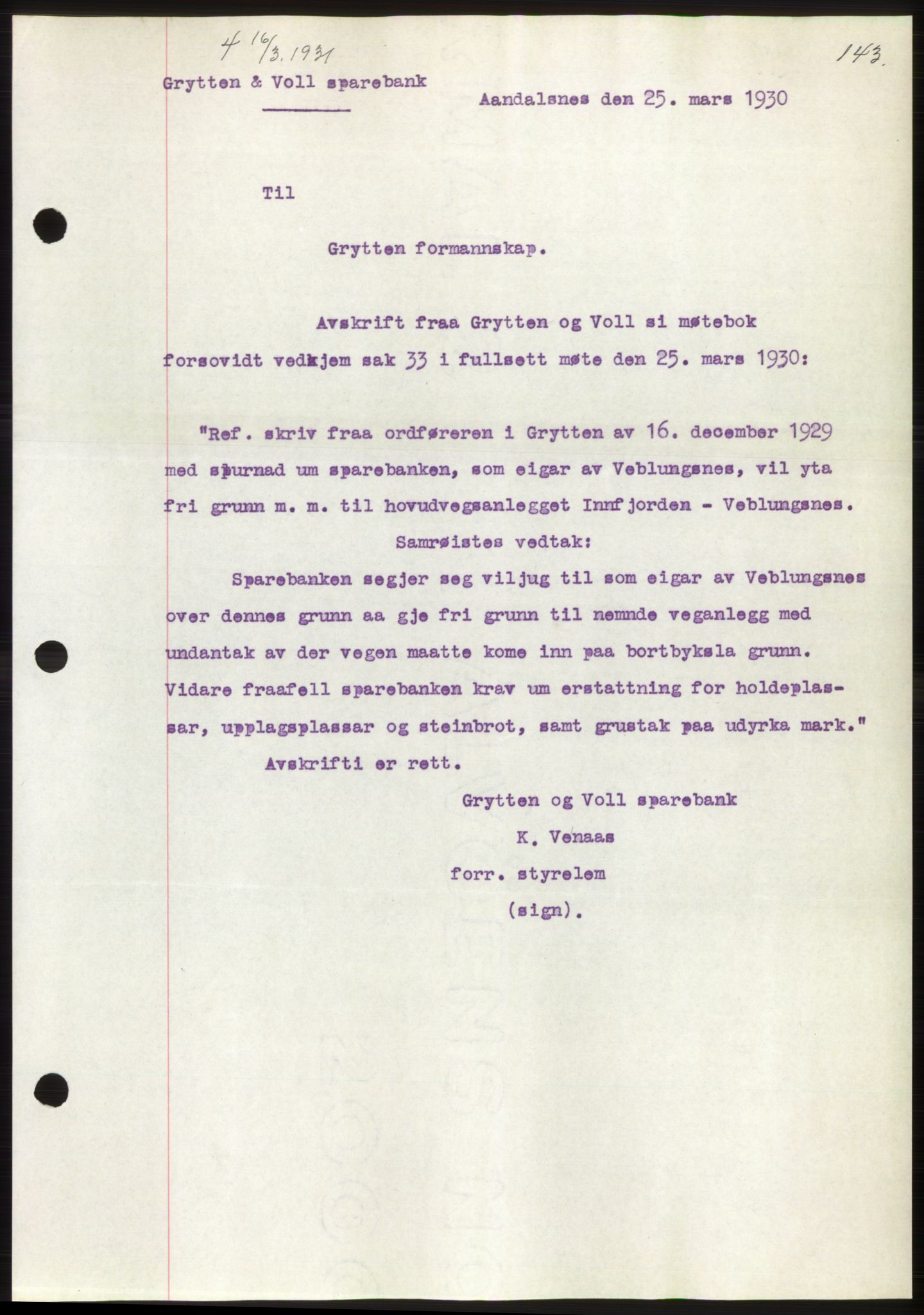 Romsdal sorenskriveri, AV/SAT-A-4149/1/2/2C/L0059: Mortgage book no. 53, 1931-1931, Deed date: 16.03.1931