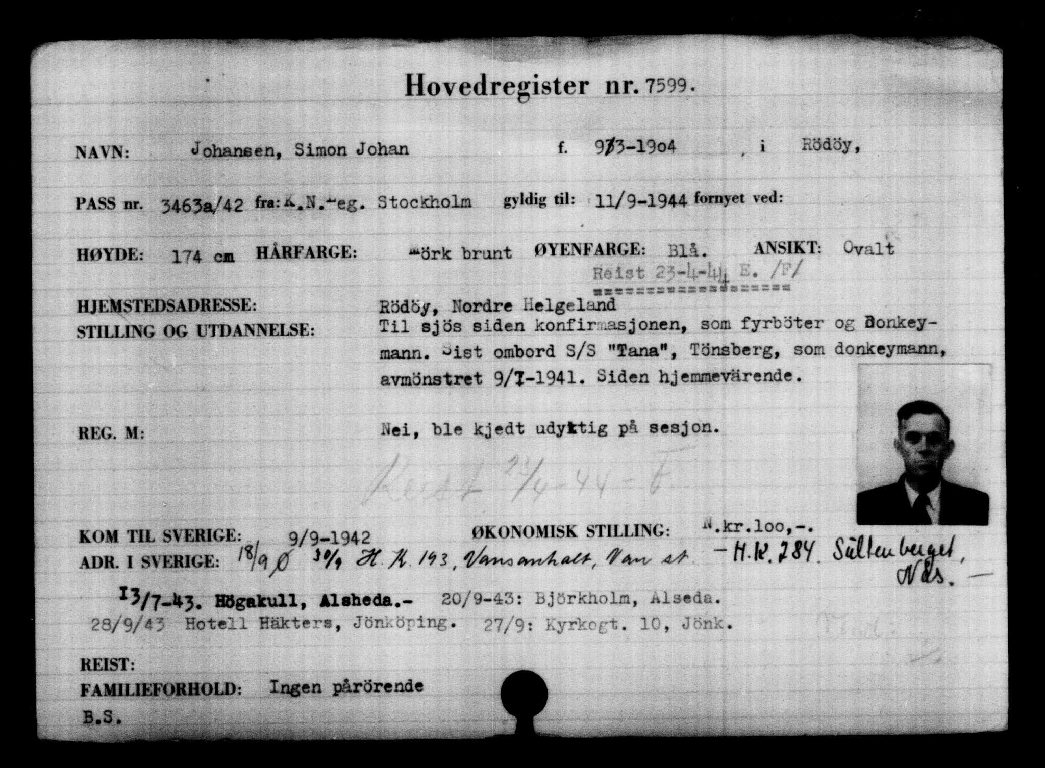 Utenriksstasjonene, Legasjonen i Stockholm, Flyktningkontoret, AV/RA-S-6753/V/Va/L0005: Kjesäterkartoteket, flyktninger med registreringsnr. 6600-9417, 1940-1945, p. 1163