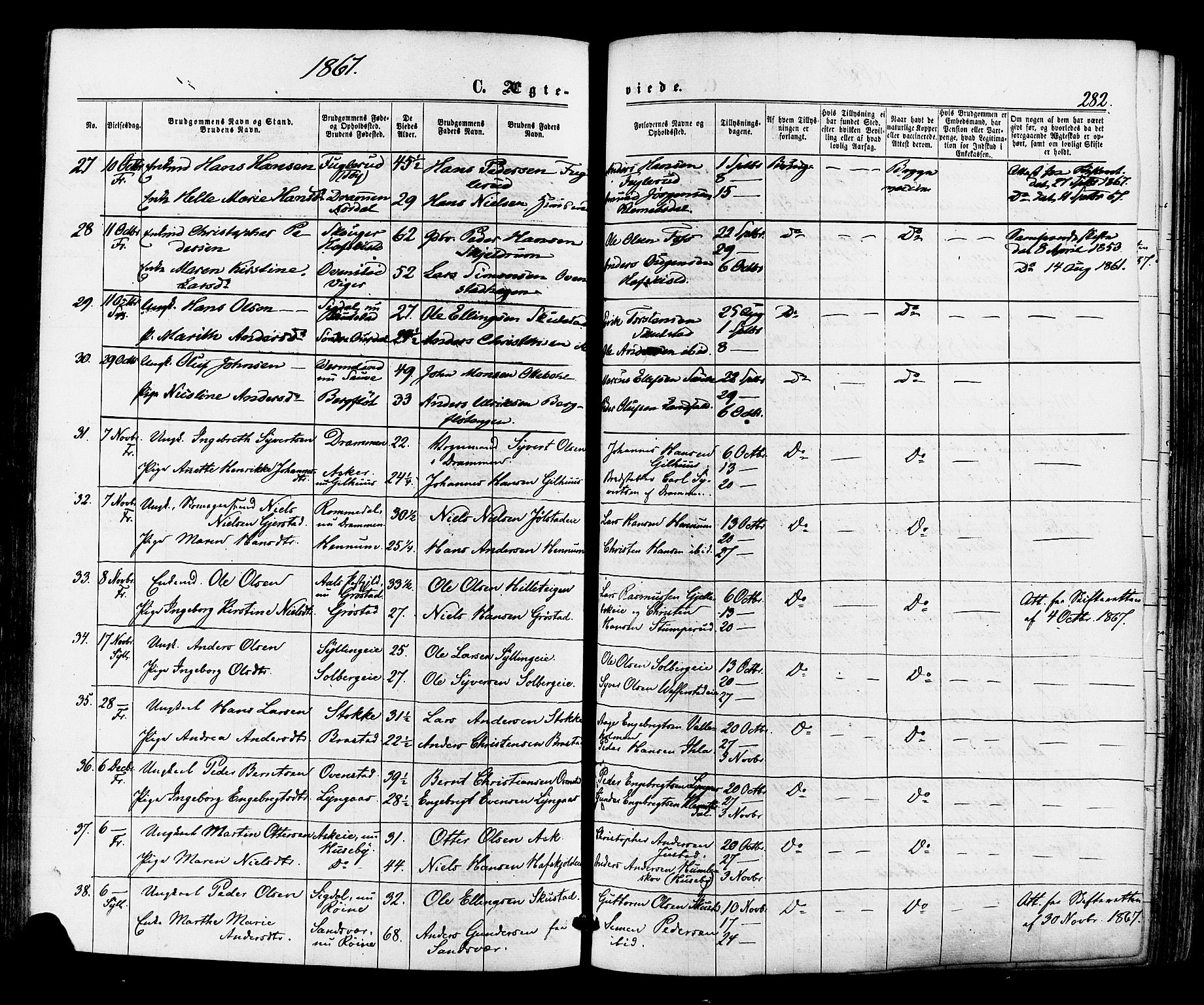 Lier kirkebøker, SAKO/A-230/F/Fa/L0013: Parish register (official) no. I 13, 1865-1874, p. 282