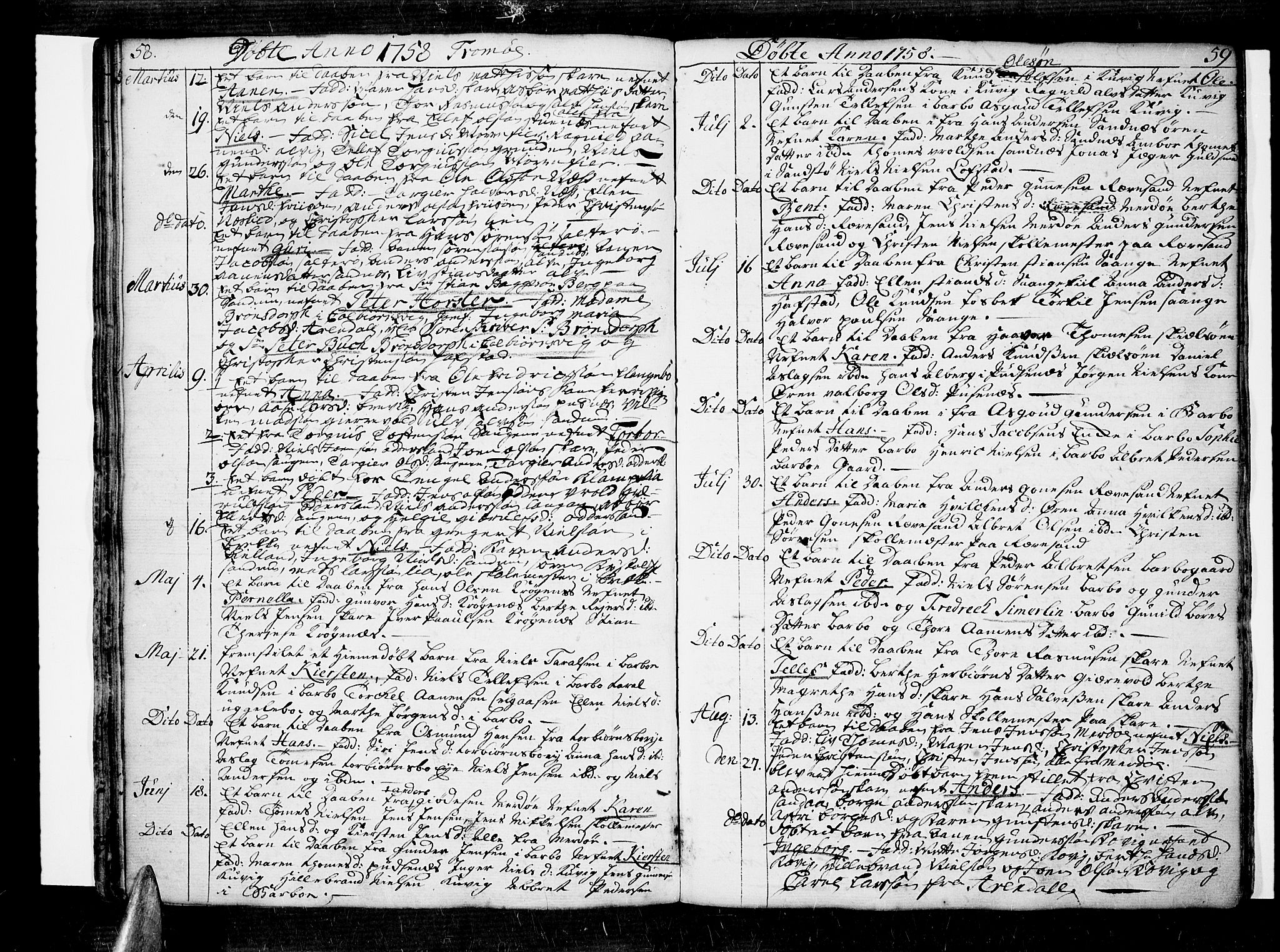 Tromøy sokneprestkontor, SAK/1111-0041/F/Fa/L0001: Parish register (official) no. A 1, 1747-1793, p. 58-59