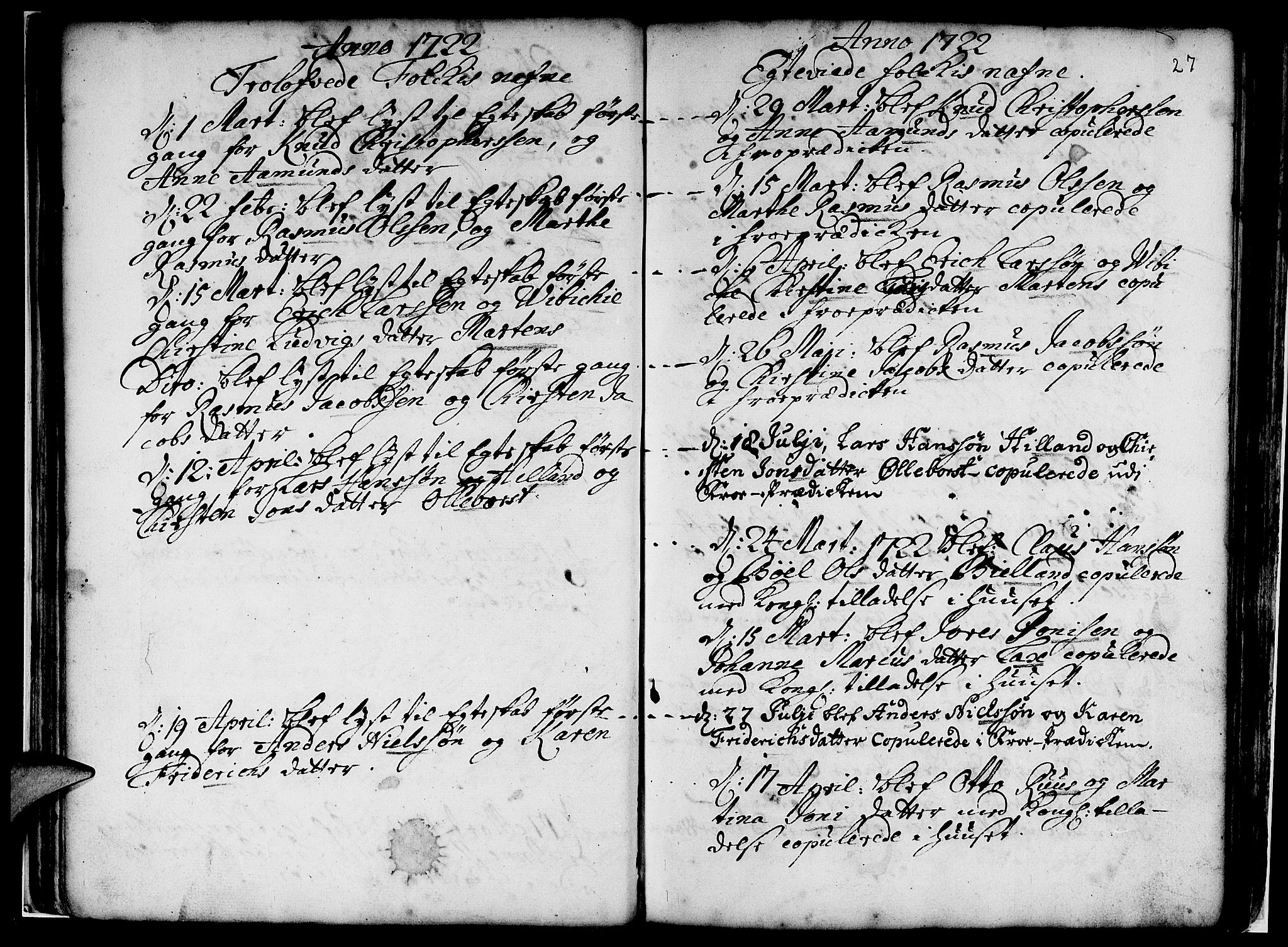 Nykirken Sokneprestembete, AV/SAB-A-77101/H/Haa/L0007: Parish register (official) no. A 7, 1719-1781, p. 27