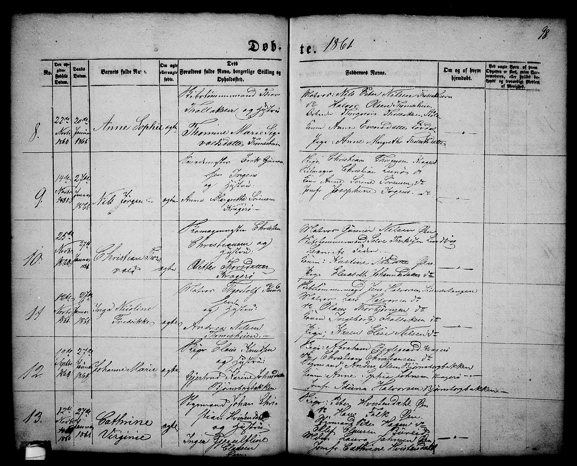 Kragerø kirkebøker, AV/SAKO-A-278/G/Ga/L0004: Parish register (copy) no. 4, 1853-1865, p. 98