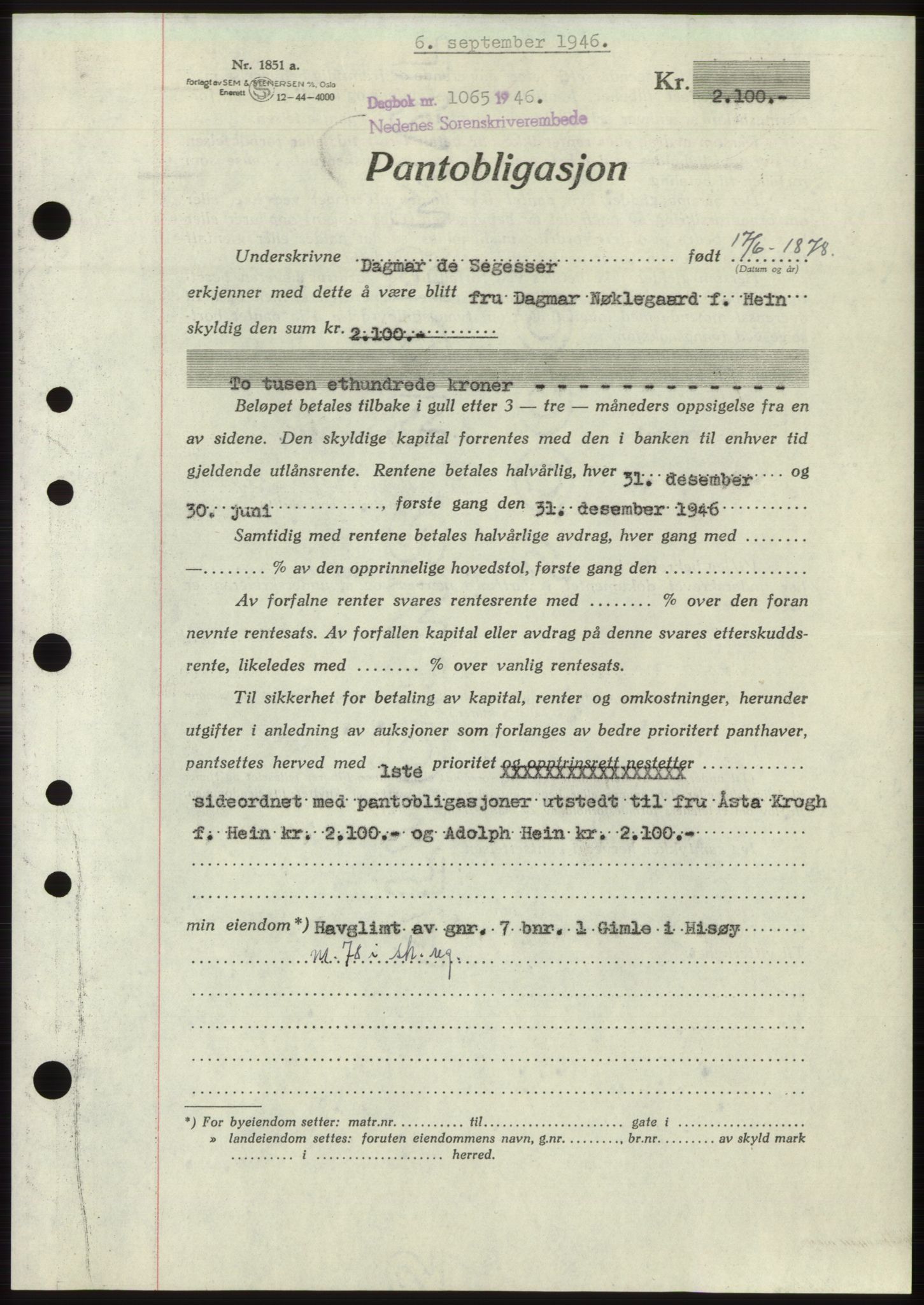 Nedenes sorenskriveri, SAK/1221-0006/G/Gb/Gbb/L0003: Mortgage book no. B3b, 1946-1946, Diary no: : 1065/1946