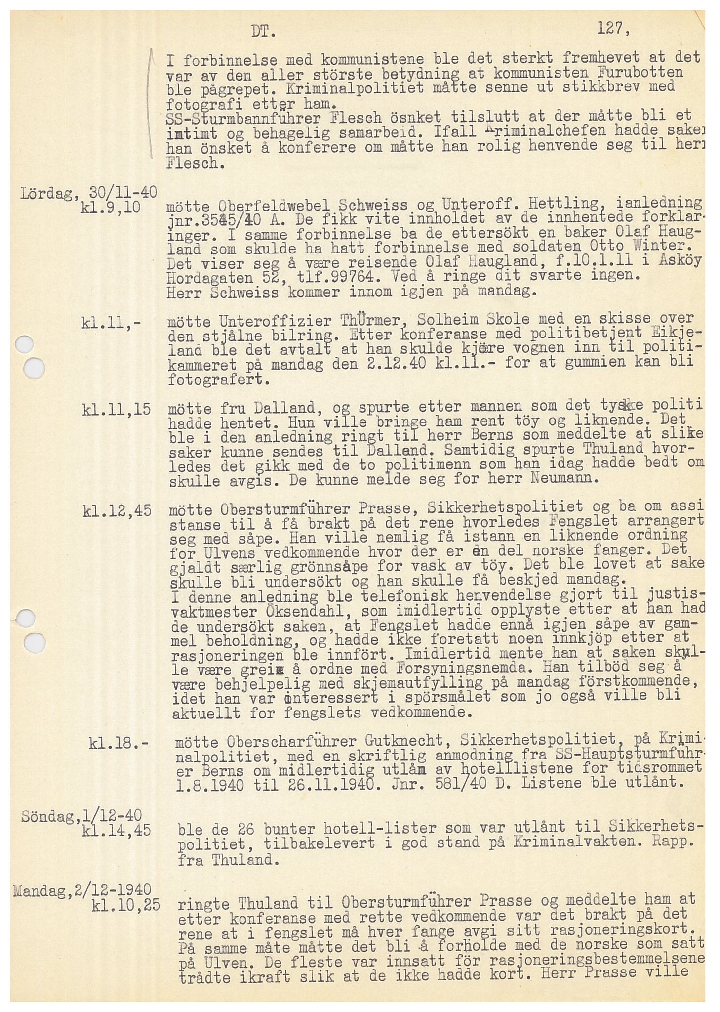 Bergen politikammer / politidistrikt, SAB/A-60401/Y/Ye/L0001: Avskrift av krigsdagbok av Dankert Thuland, 1940-1941, p. 127