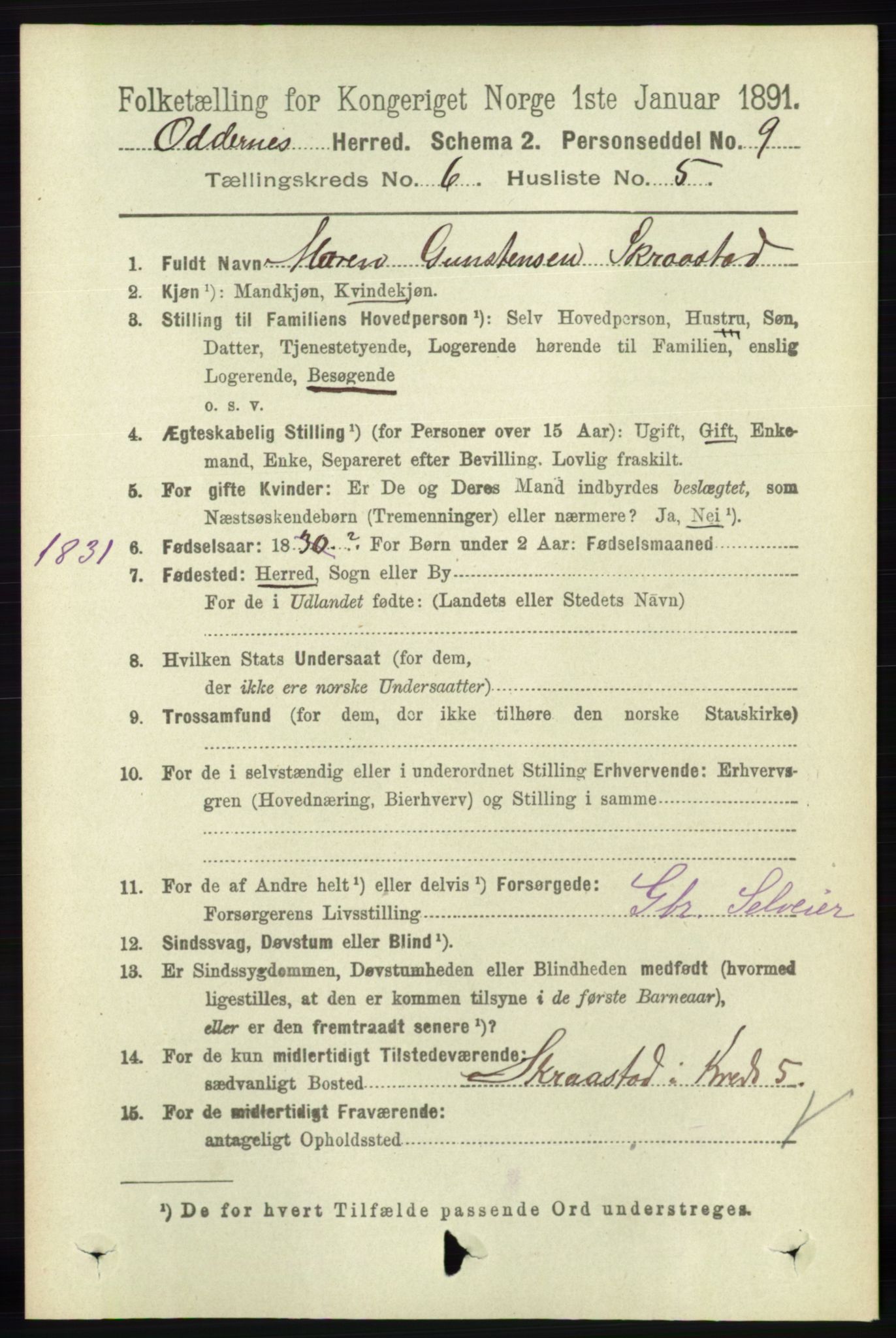 RA, 1891 census for 1012 Oddernes, 1891, p. 2220