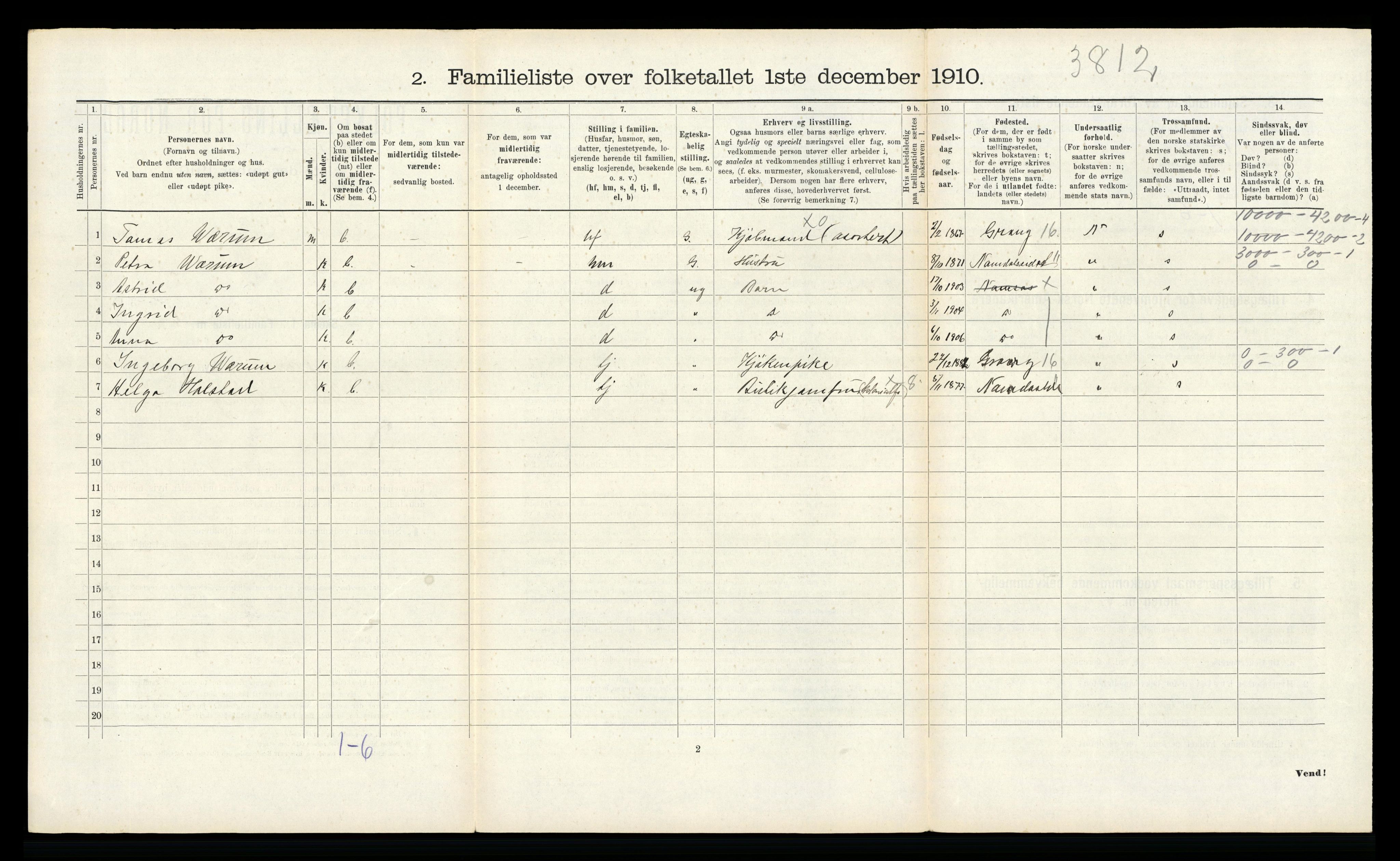 RA, 1910 census for Namsos, 1910, p. 1015