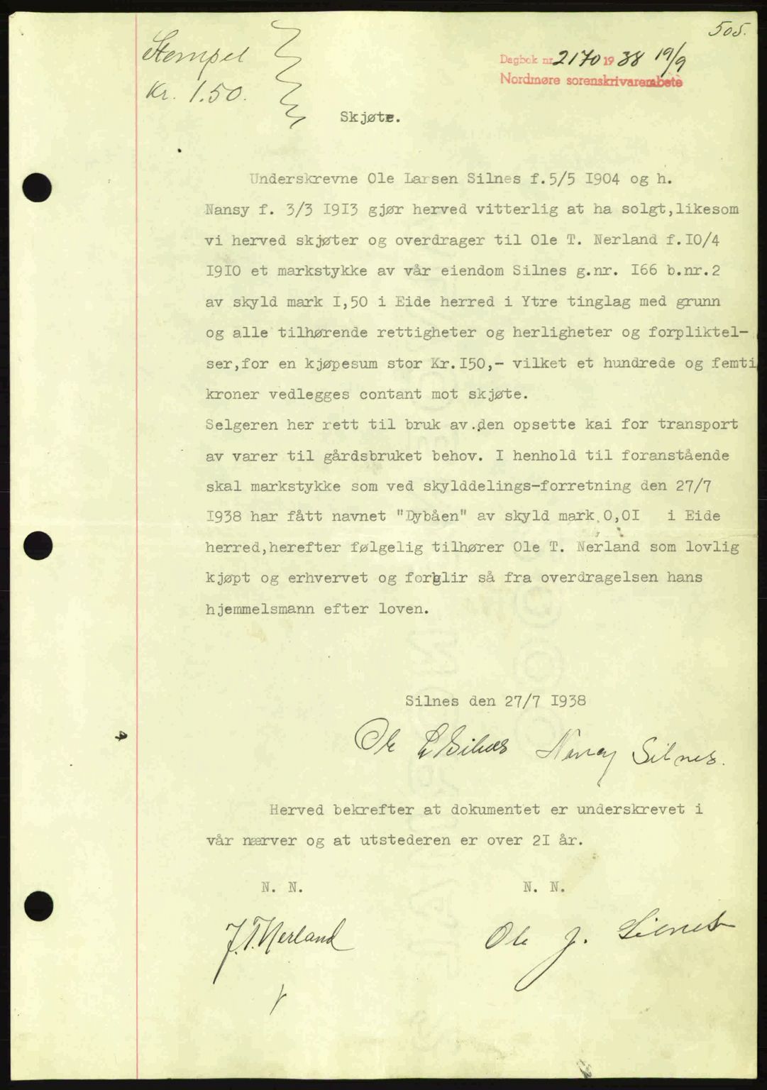 Nordmøre sorenskriveri, SAT/A-4132/1/2/2Ca: Mortgage book no. A84, 1938-1938, Diary no: : 2170/1938