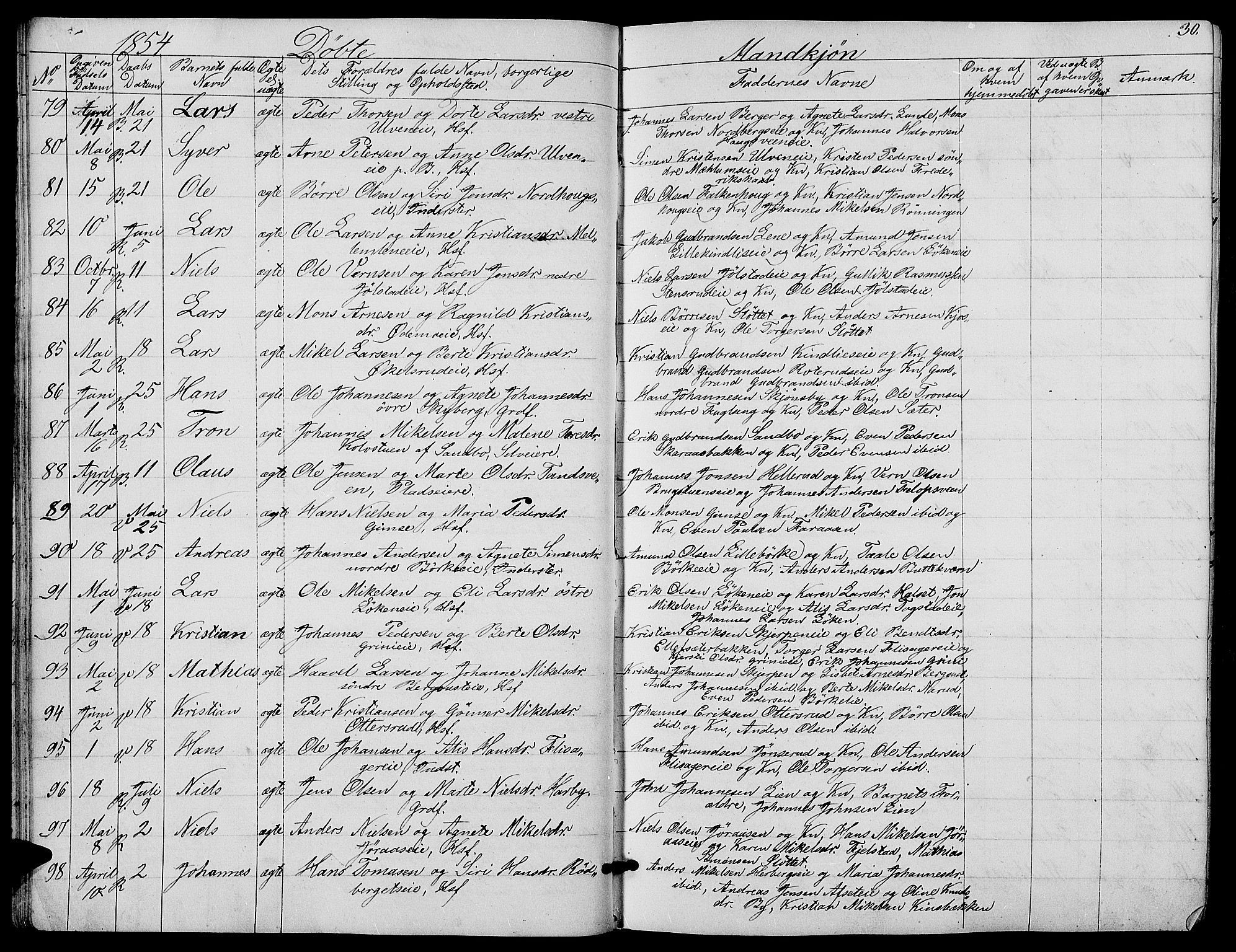 Ringsaker prestekontor, AV/SAH-PREST-014/L/La/L0006: Parish register (copy) no. 6, 1851-1860, p. 30