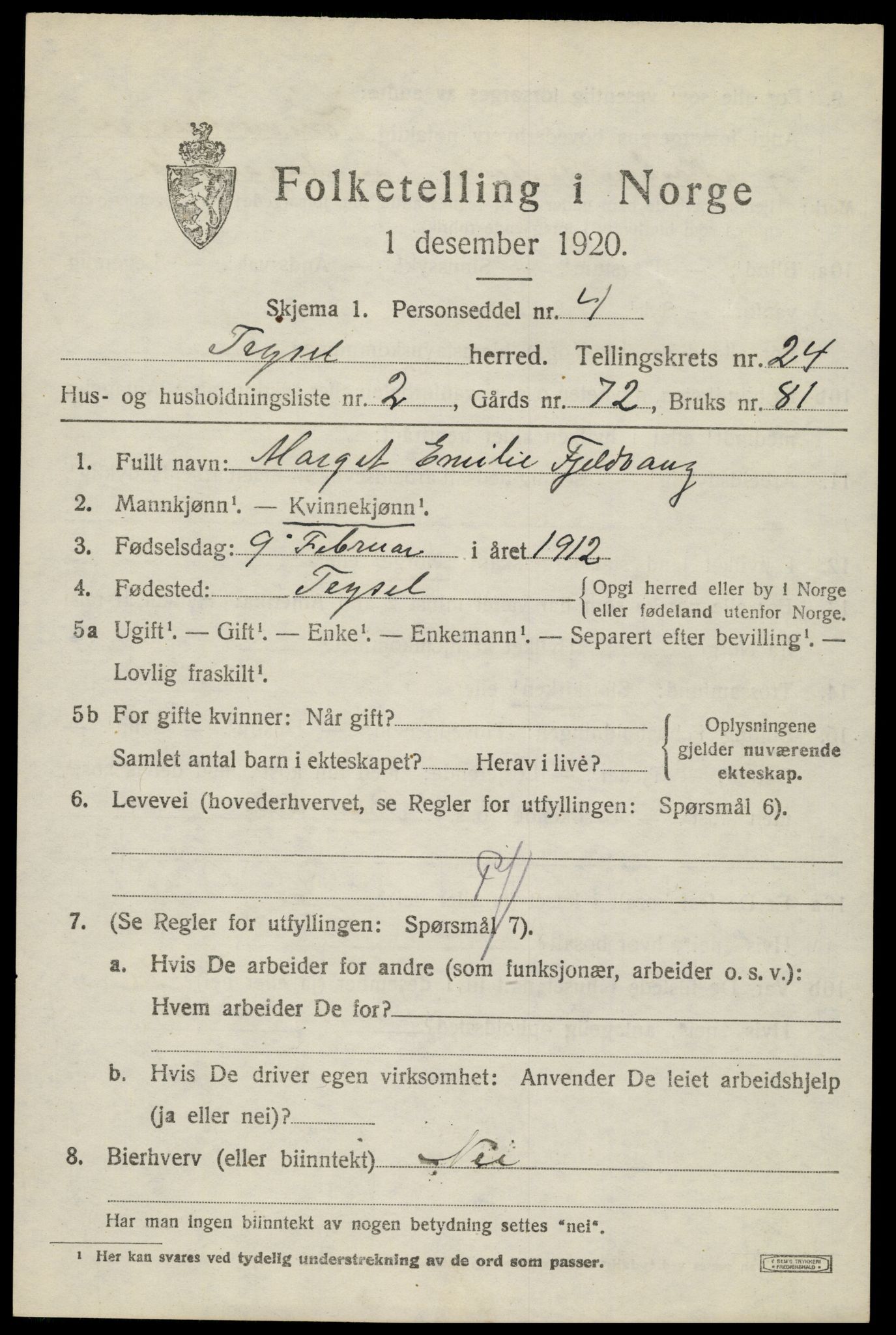 SAH, 1920 census for Trysil, 1920, p. 15231