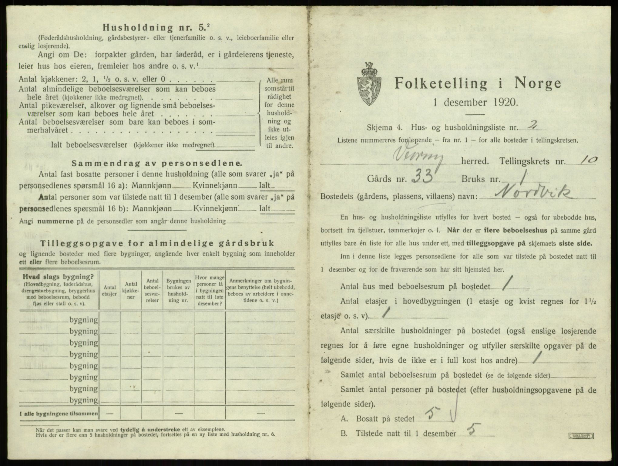 SAB, 1920 census for Vevring, 1920, p. 398