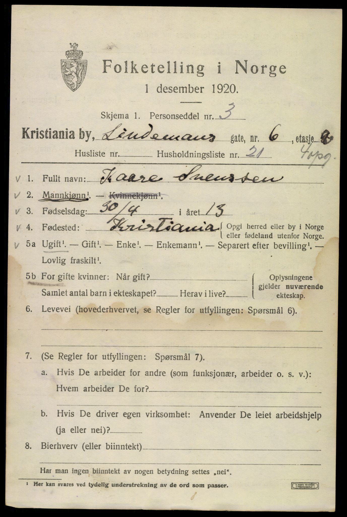 SAO, 1920 census for Kristiania, 1920, p. 365027