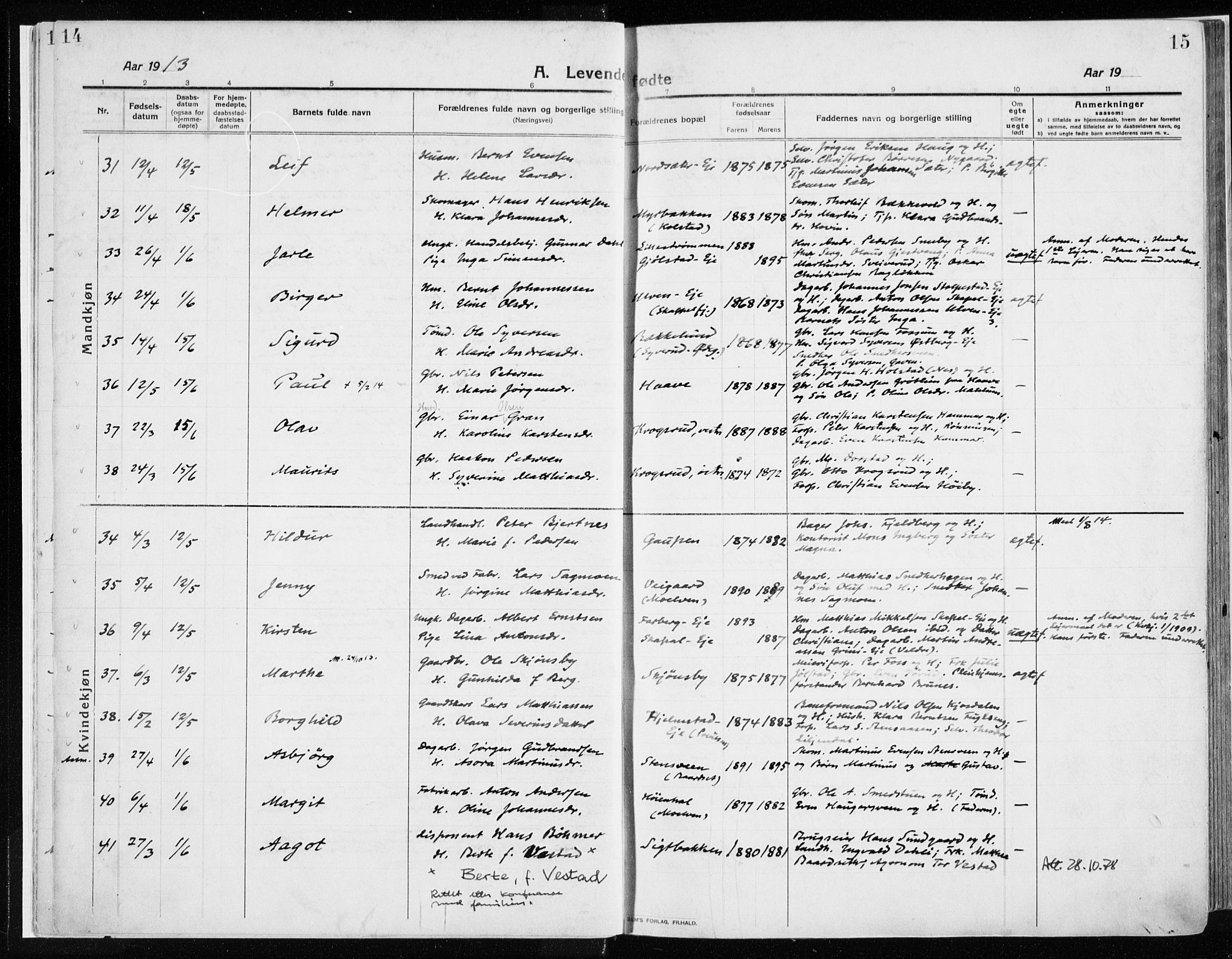 Ringsaker prestekontor, AV/SAH-PREST-014/K/Ka/L0020: Parish register (official) no. 20, 1913-1922, p. 14-15