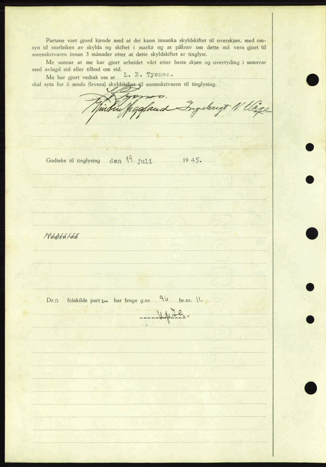 Sunnhordland sorenskrivar, AV/SAB-A-2401: Mortgage book no. A77, 1945-1945, Diary no: : 842/1945