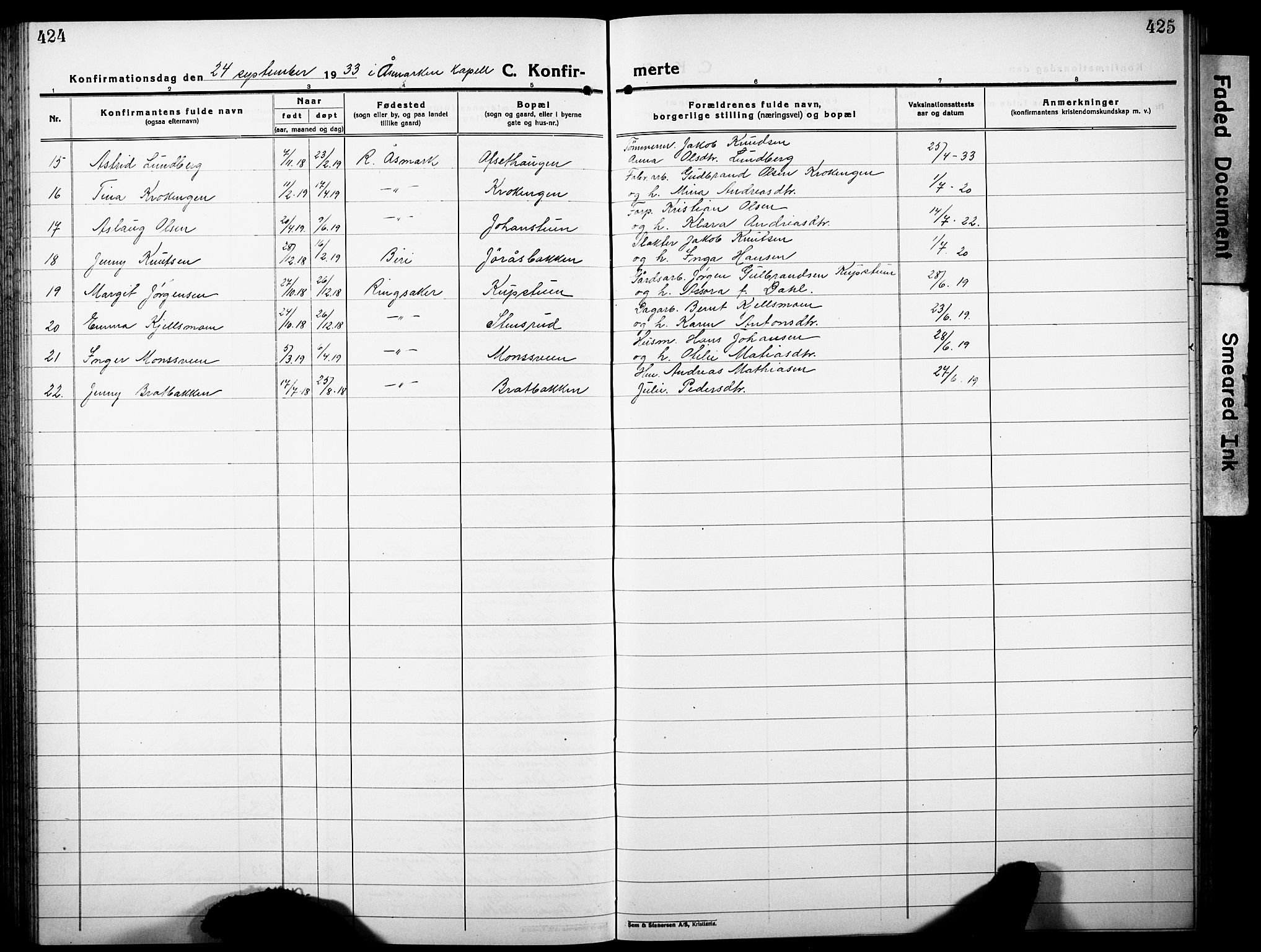 Ringsaker prestekontor, AV/SAH-PREST-014/L/La/L0019: Parish register (copy) no. 19, 1923-1933, p. 424-425