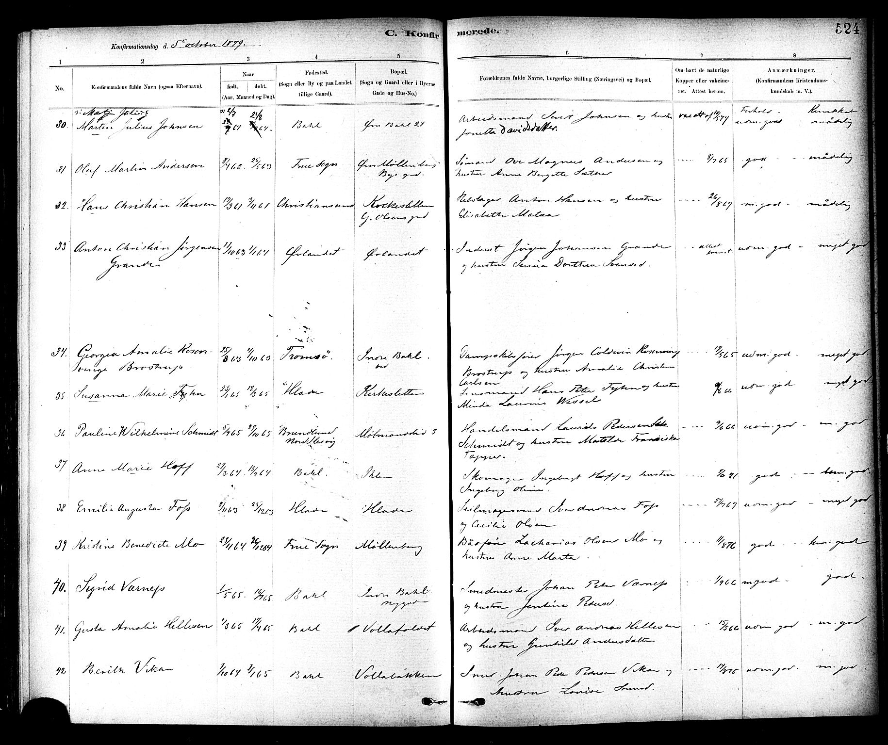 Ministerialprotokoller, klokkerbøker og fødselsregistre - Sør-Trøndelag, AV/SAT-A-1456/604/L0188: Parish register (official) no. 604A09, 1878-1892, p. 524