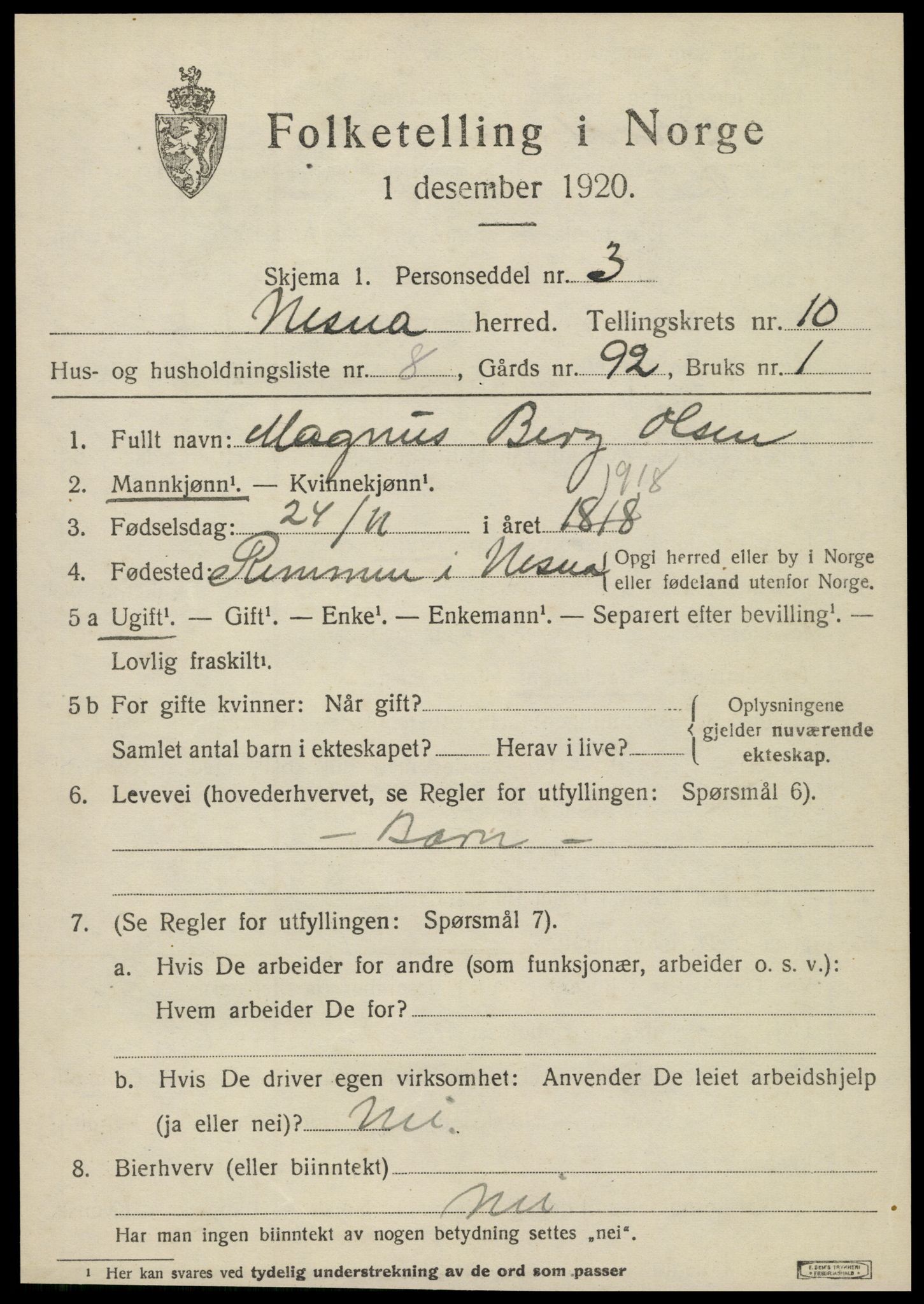 SAT, 1920 census for Nesna, 1920, p. 8049