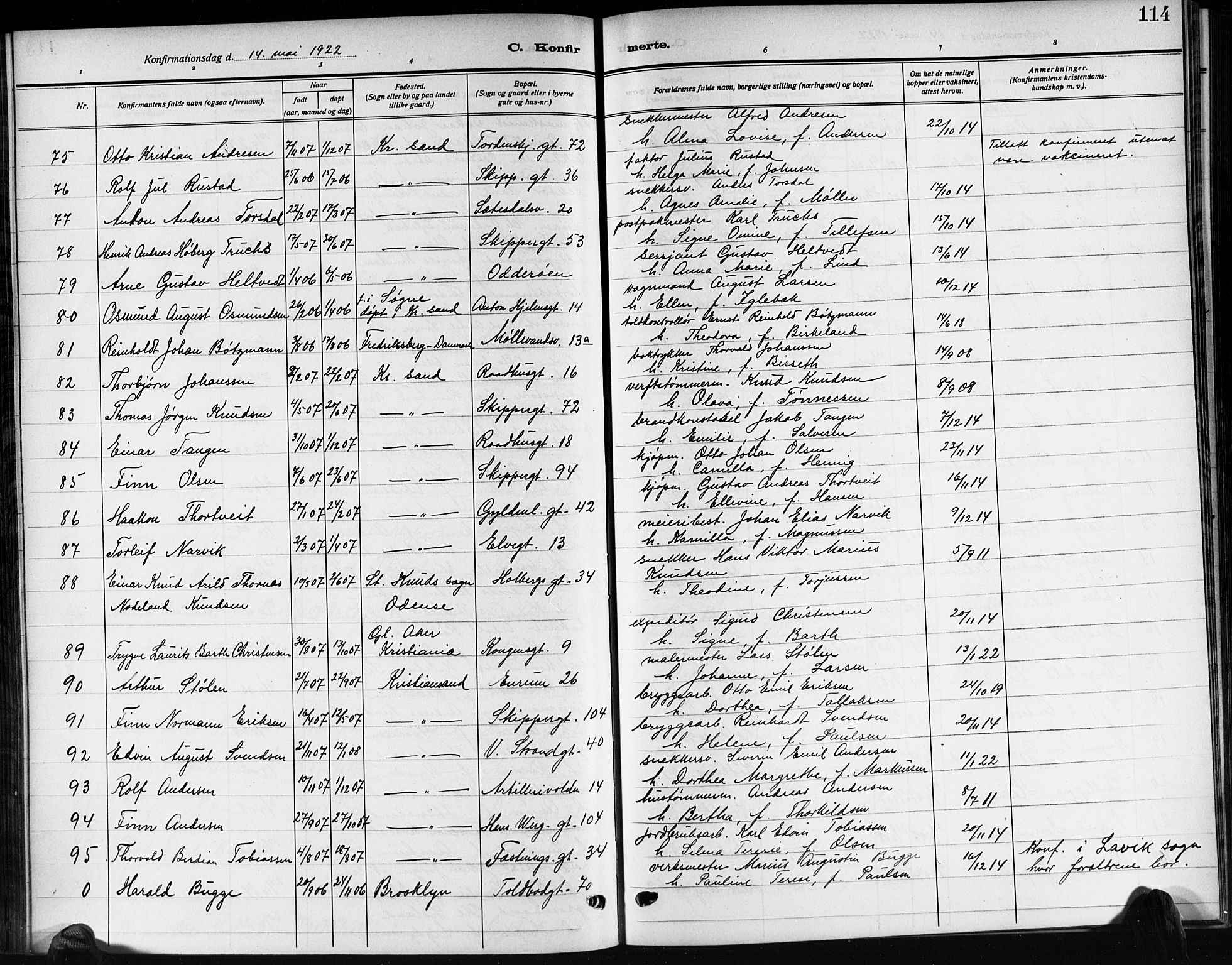 Kristiansand domprosti, AV/SAK-1112-0006/F/Fb/L0022: Parish register (copy) no. B 22, 1915-1925, p. 114