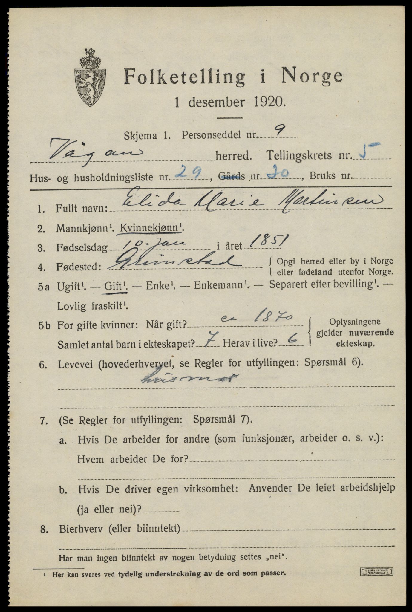 SAT, 1920 census for Vågan, 1920, p. 5503