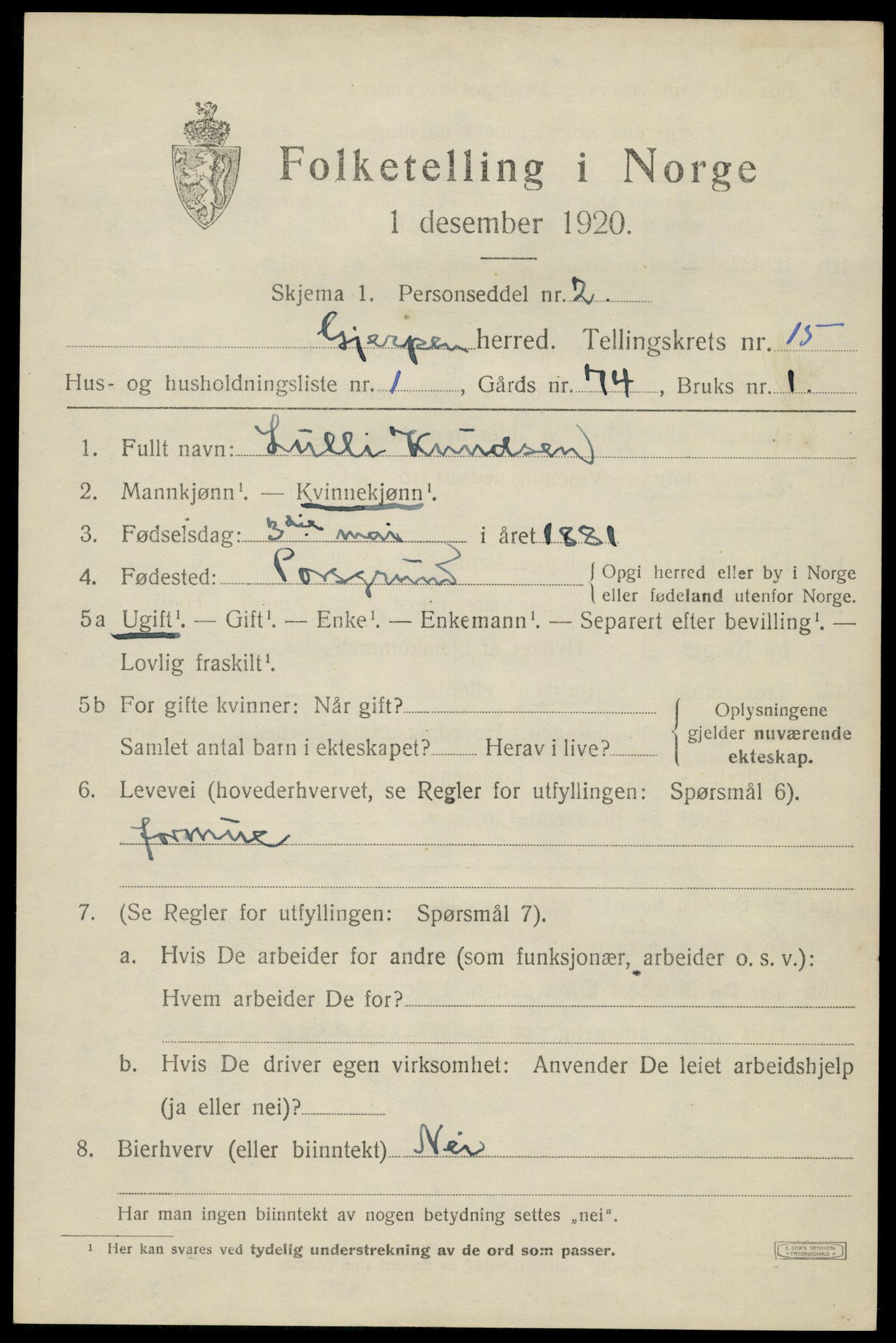 SAKO, 1920 census for Gjerpen, 1920, p. 17218