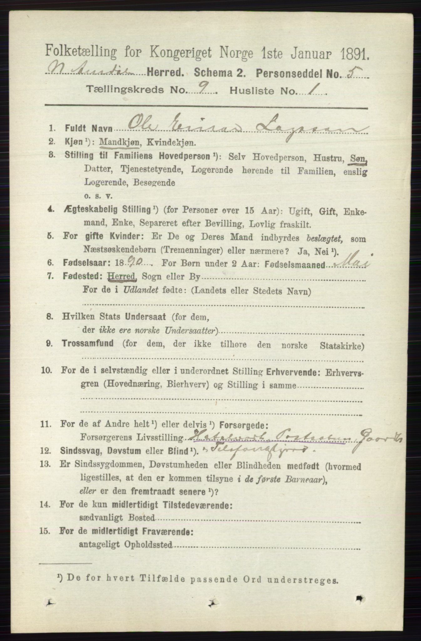 RA, 1891 census for 0542 Nord-Aurdal, 1891, p. 3420