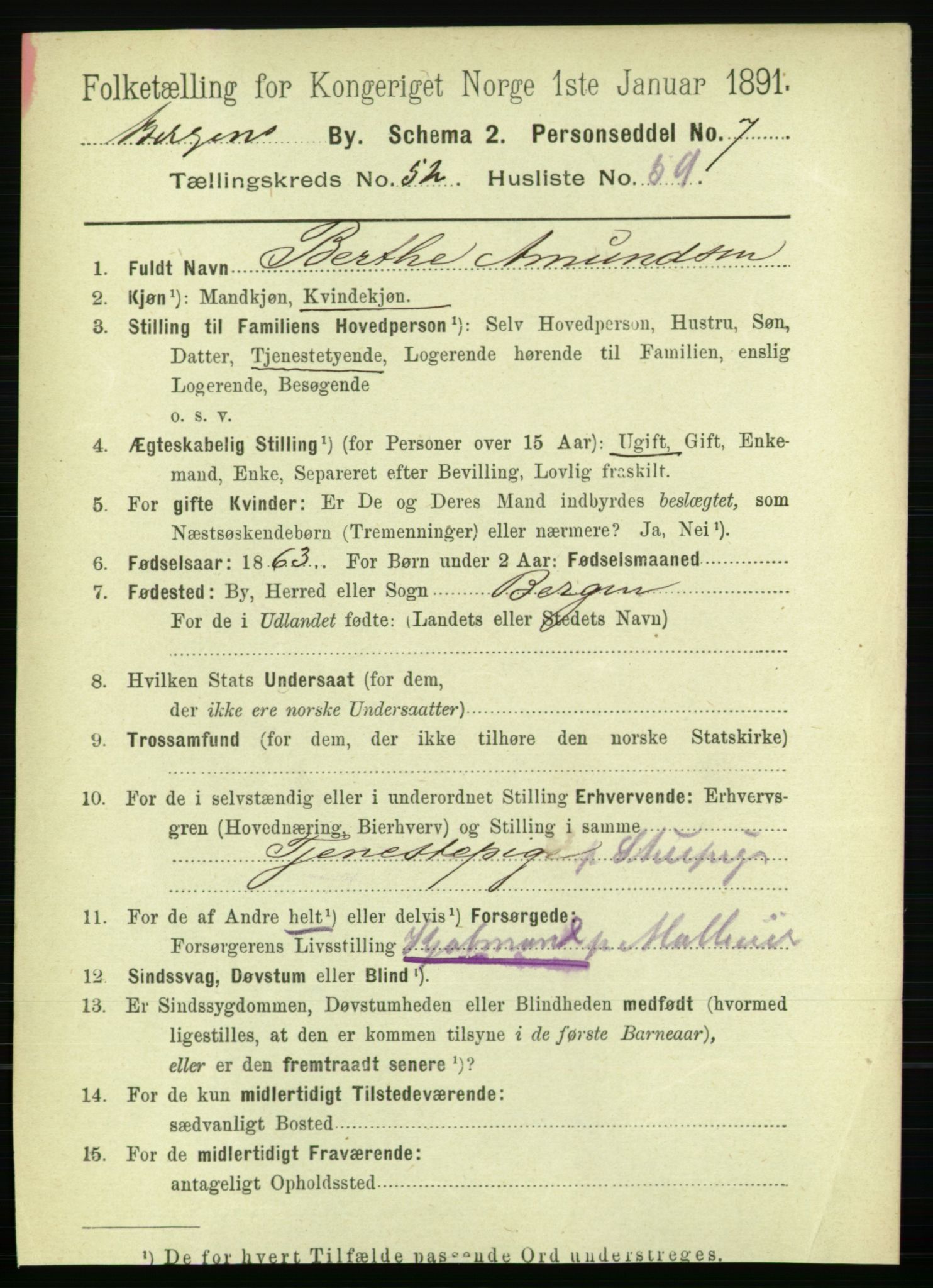 RA, 1891 Census for 1301 Bergen, 1891, p. 61618