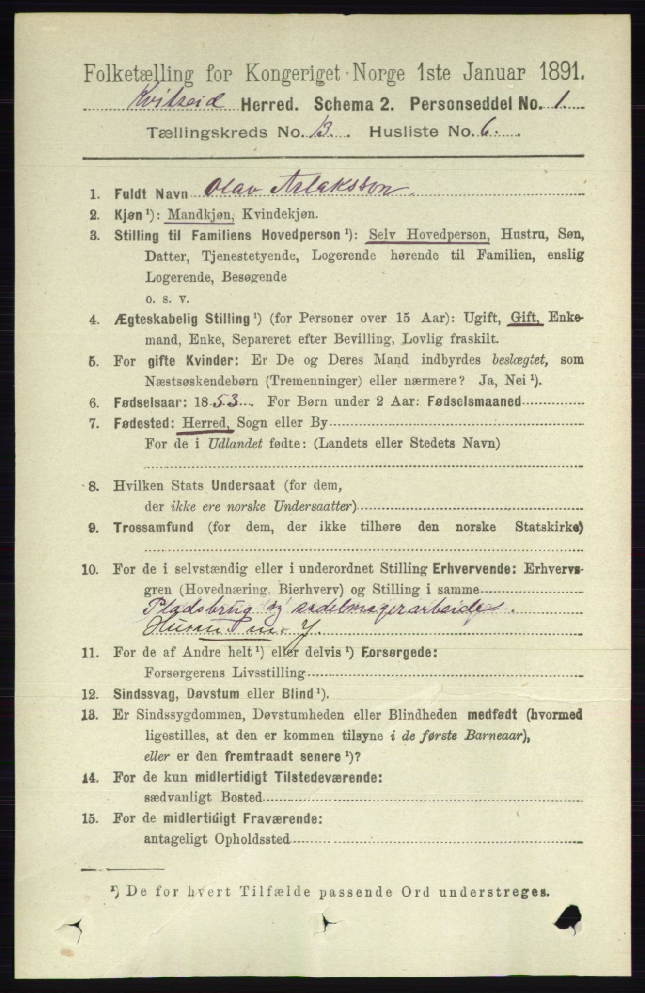 RA, 1891 census for 0829 Kviteseid, 1891, p. 3105