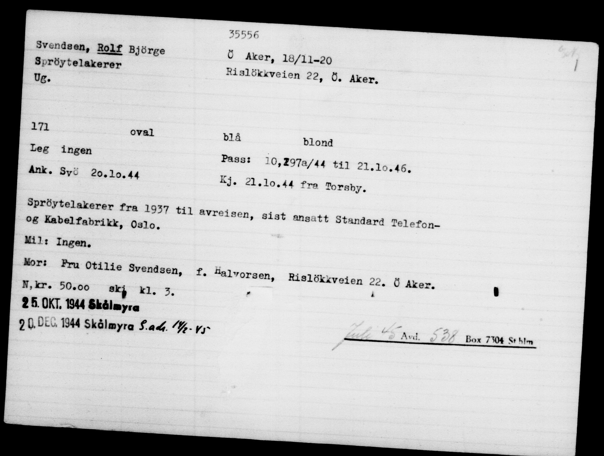 Utenriksstasjonene, Legasjonen i Stockholm, Flyktningkontoret, AV/RA-S-6753/V/Va/L0014: Kjesäterkartoteket, flyktninger med registreringsnr. 34700-37855, 1940-1945, p. 902
