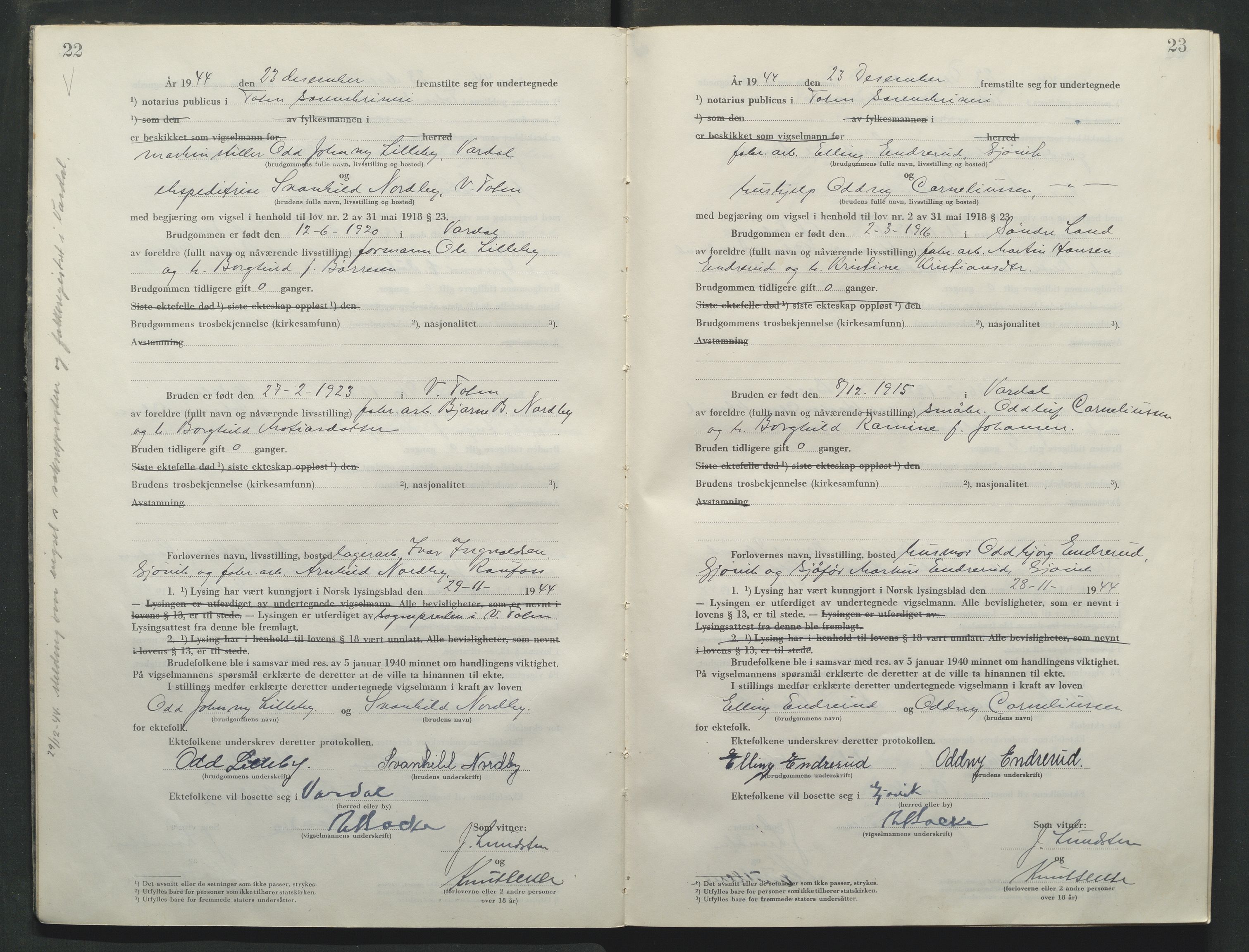 Toten tingrett, AV/SAH-TING-006/L/Lc/L0005: Vigselbok, 1944-1948, p. 22-23