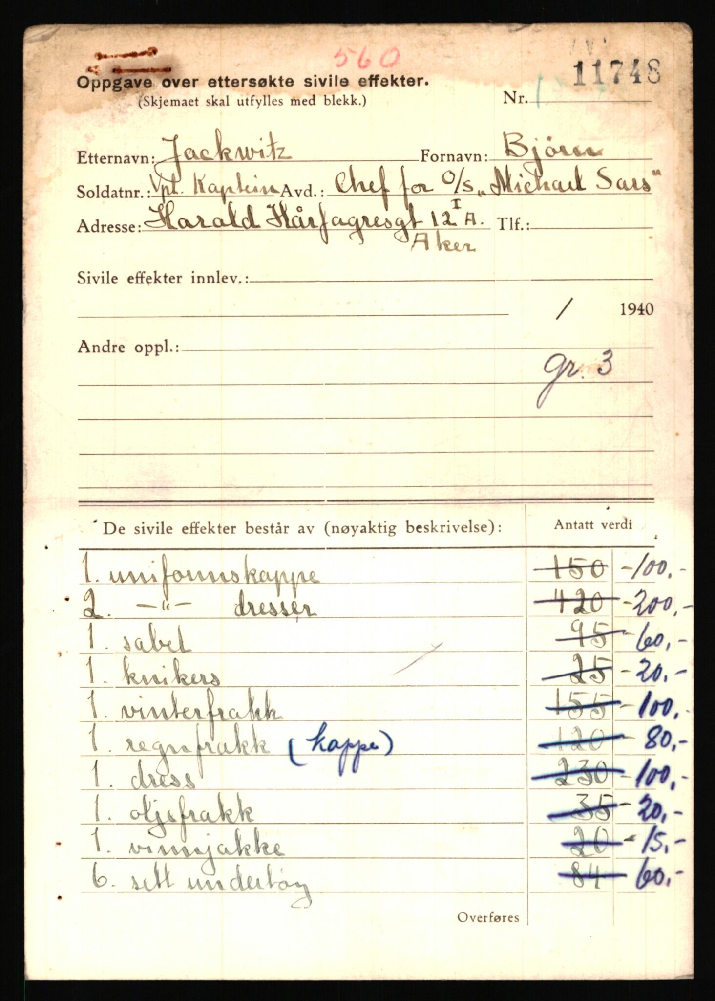 Justisdepartementet, Oppgjørsavdelingen, AV/RA-S-1056/G/Gb/L0037: Oppgaver over ettersøkte sivile effekter. Jackwitz, Bjørn - Jarøy, Jacob, 1940-1942, p. 3