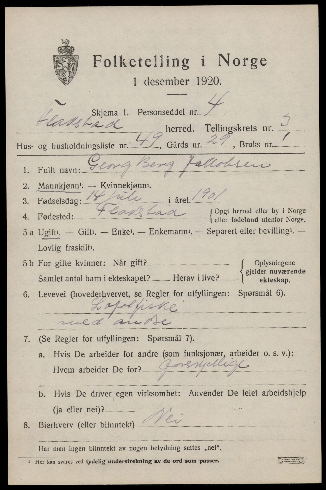 SAT, 1920 census for Flakstad, 1920, p. 2811
