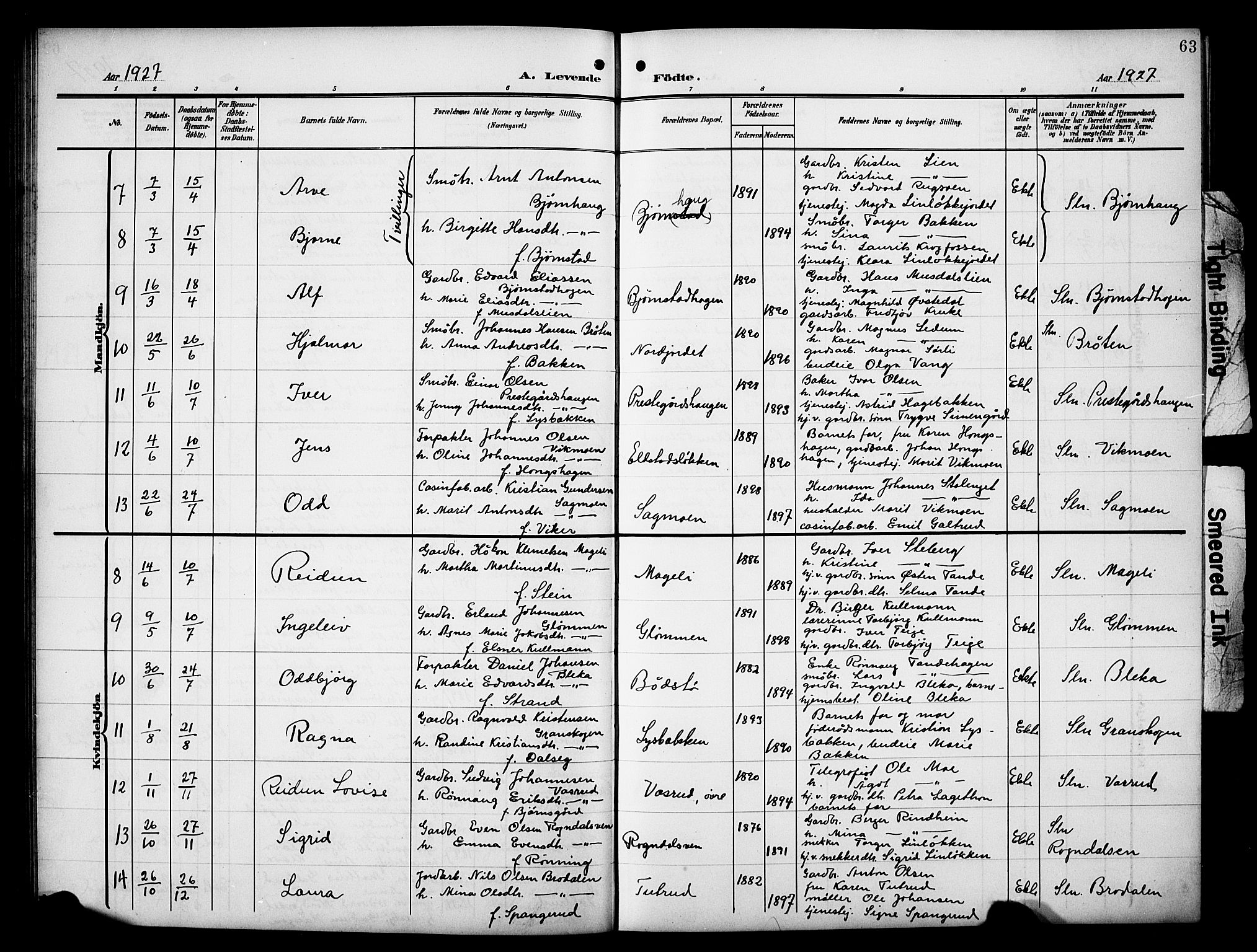 Øyer prestekontor, SAH/PREST-084/H/Ha/Hab/L0006: Parish register (copy) no. 6, 1906-1929, p. 63